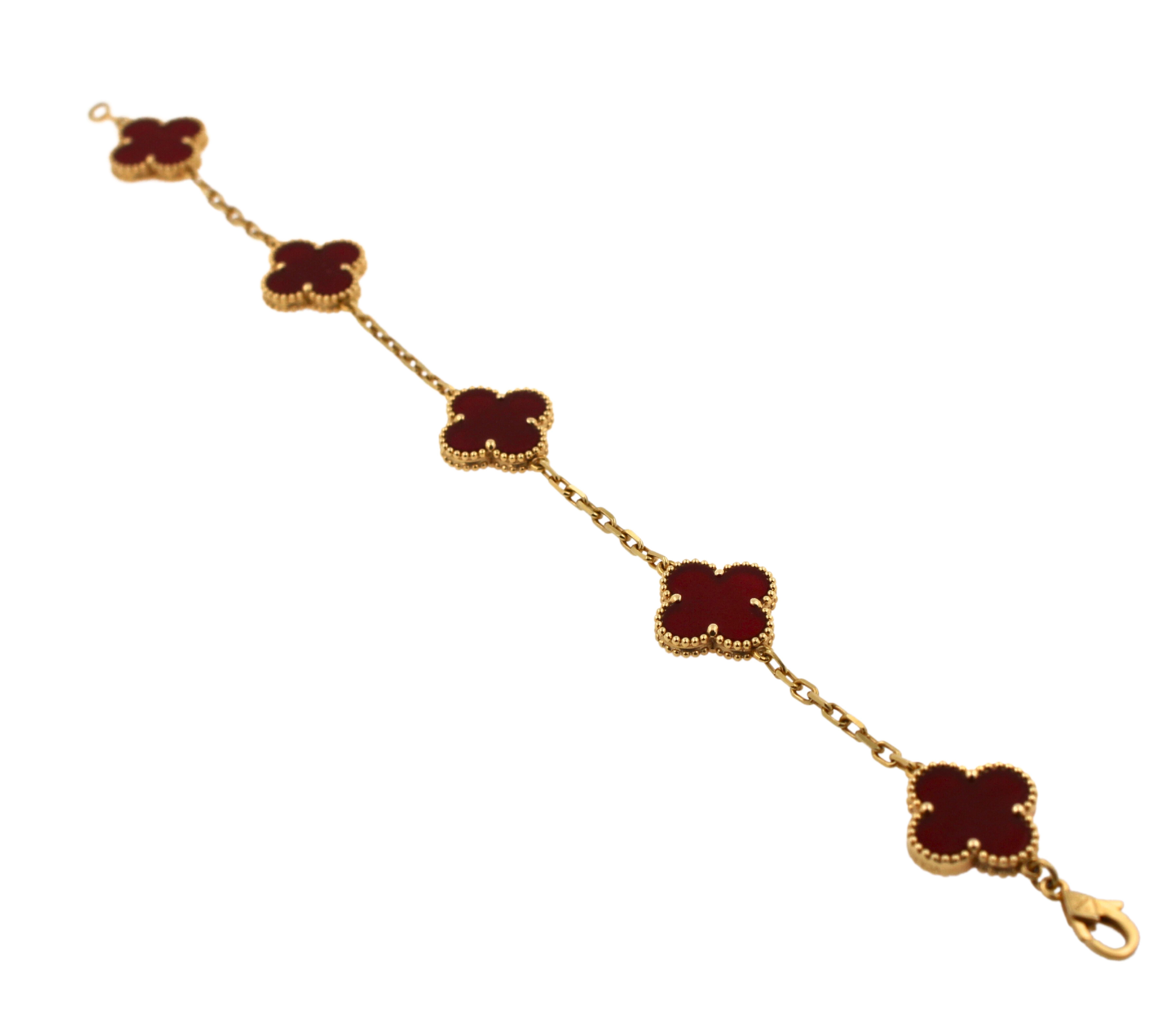 Van Cleef & Arpels Vintage Alhambra Red Carnelian 5 Motifs Yellow Gold Bracelet 6