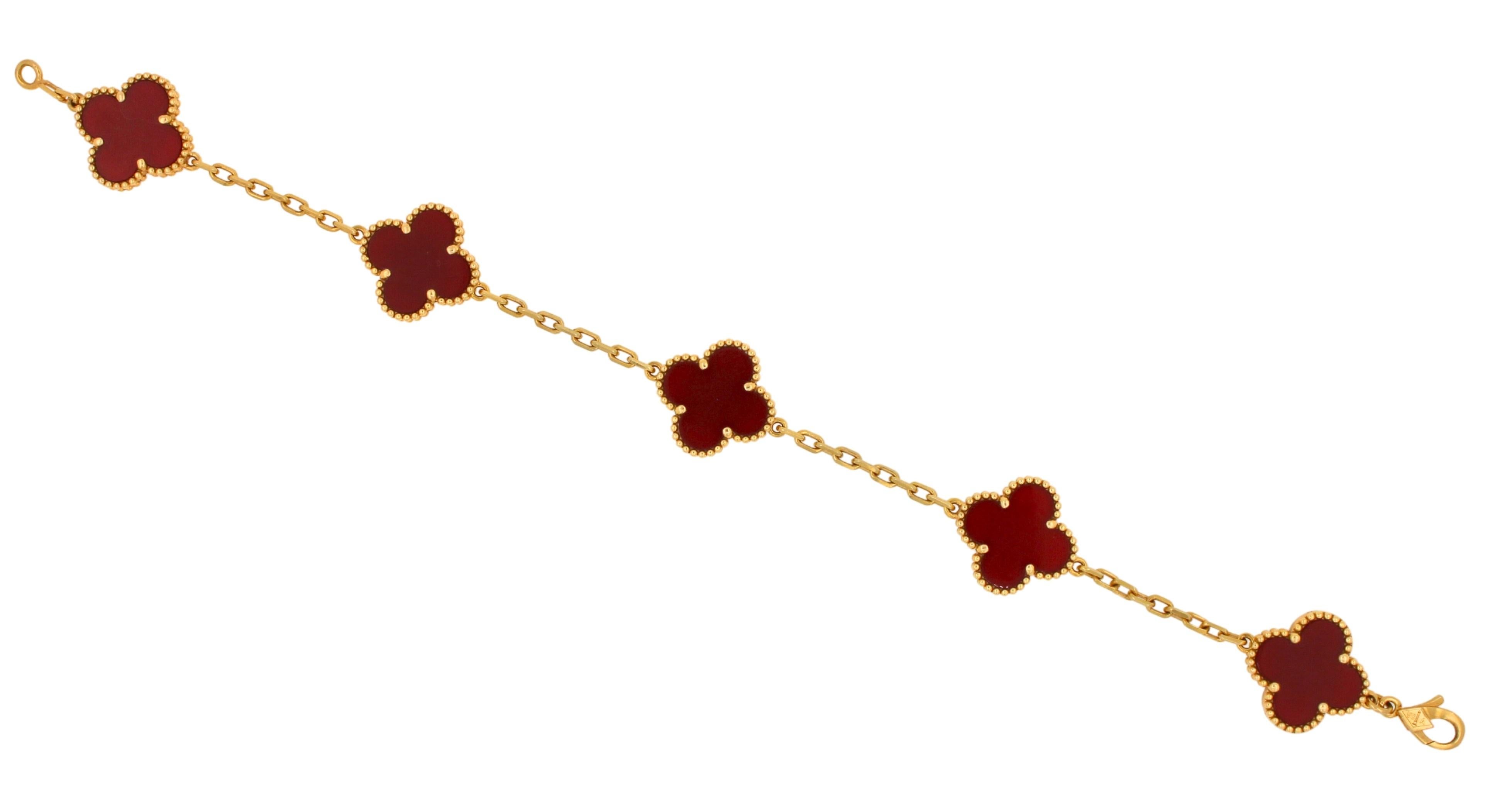 Van Cleef & Arpels Vintage Alhambra Red Carnelian 5 Motifs Yellow Gold Bracelet 8