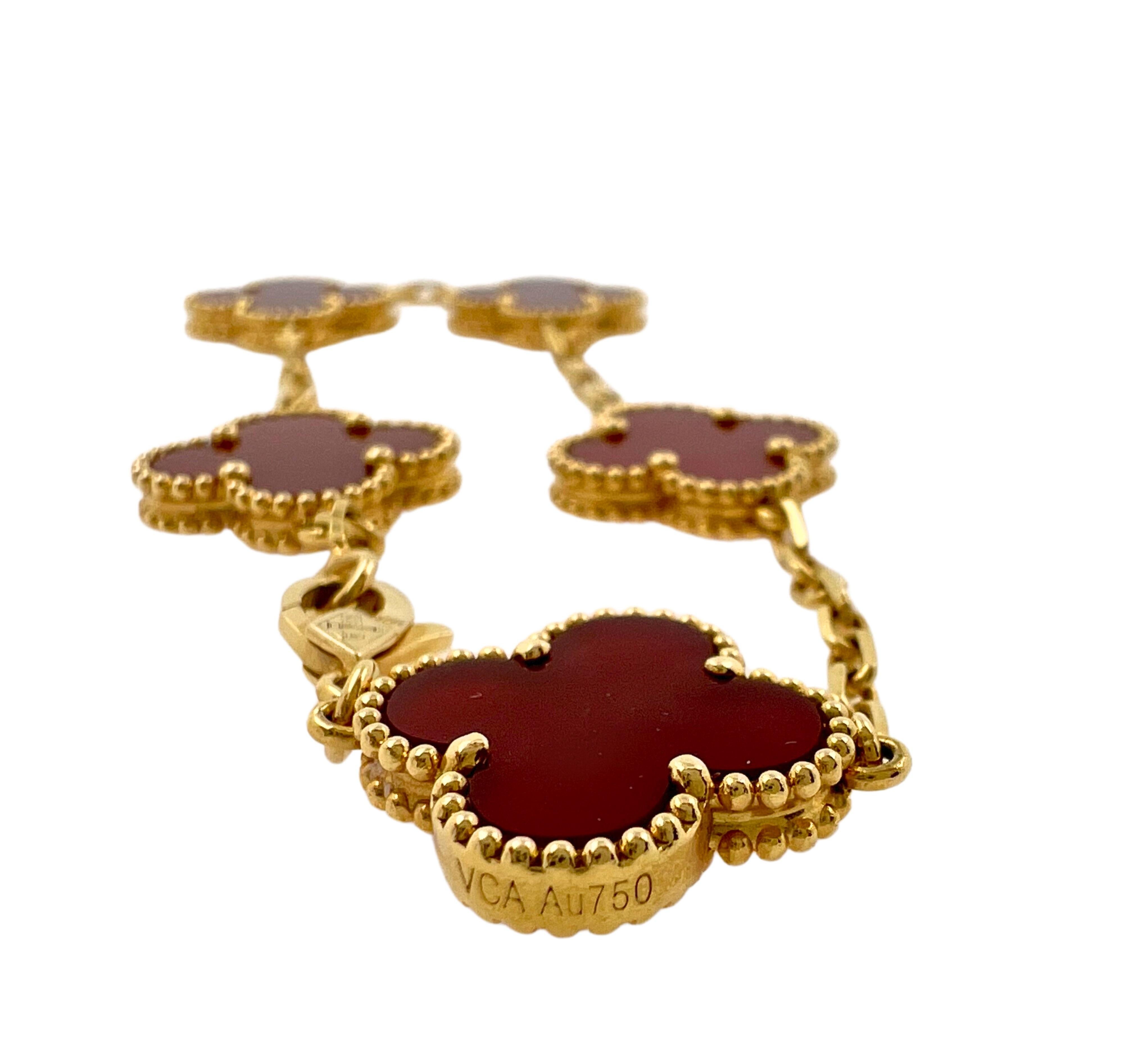 Cabochon Van Cleef & Arpels Vintage Alhambra Red Carnelian 5 Motifs Yellow Gold Bracelet
