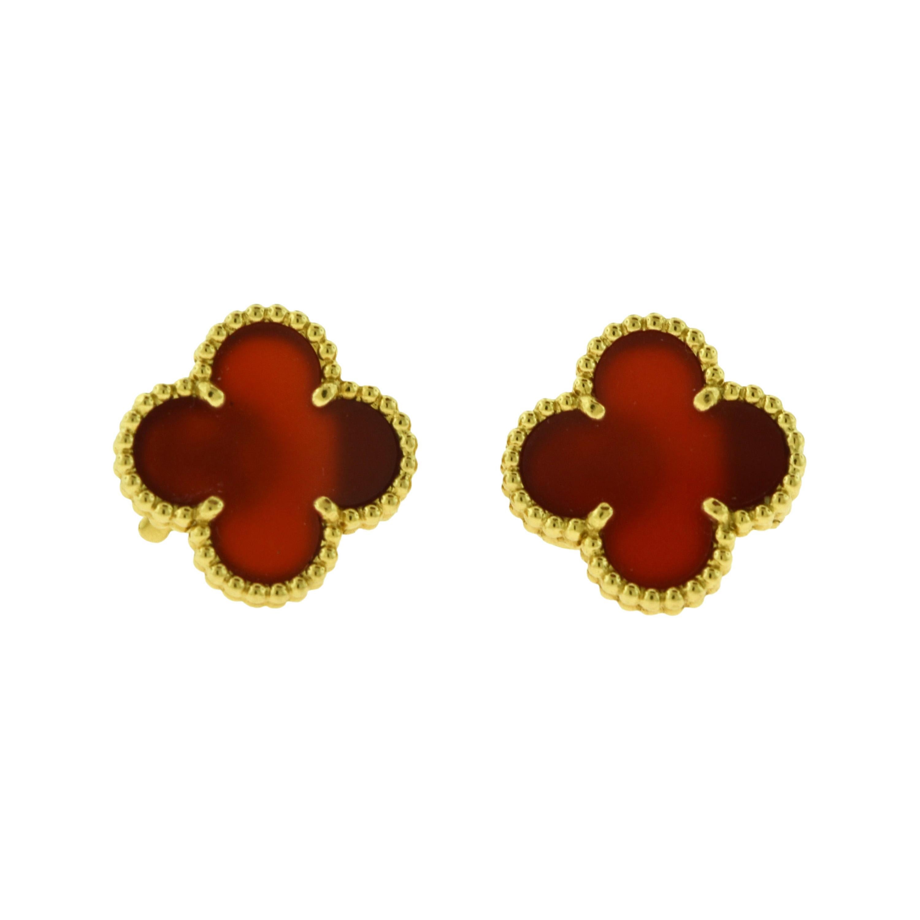 Van Cleef & Arpels Vintage Alhambra Red Carnelian Gold Earring Studs