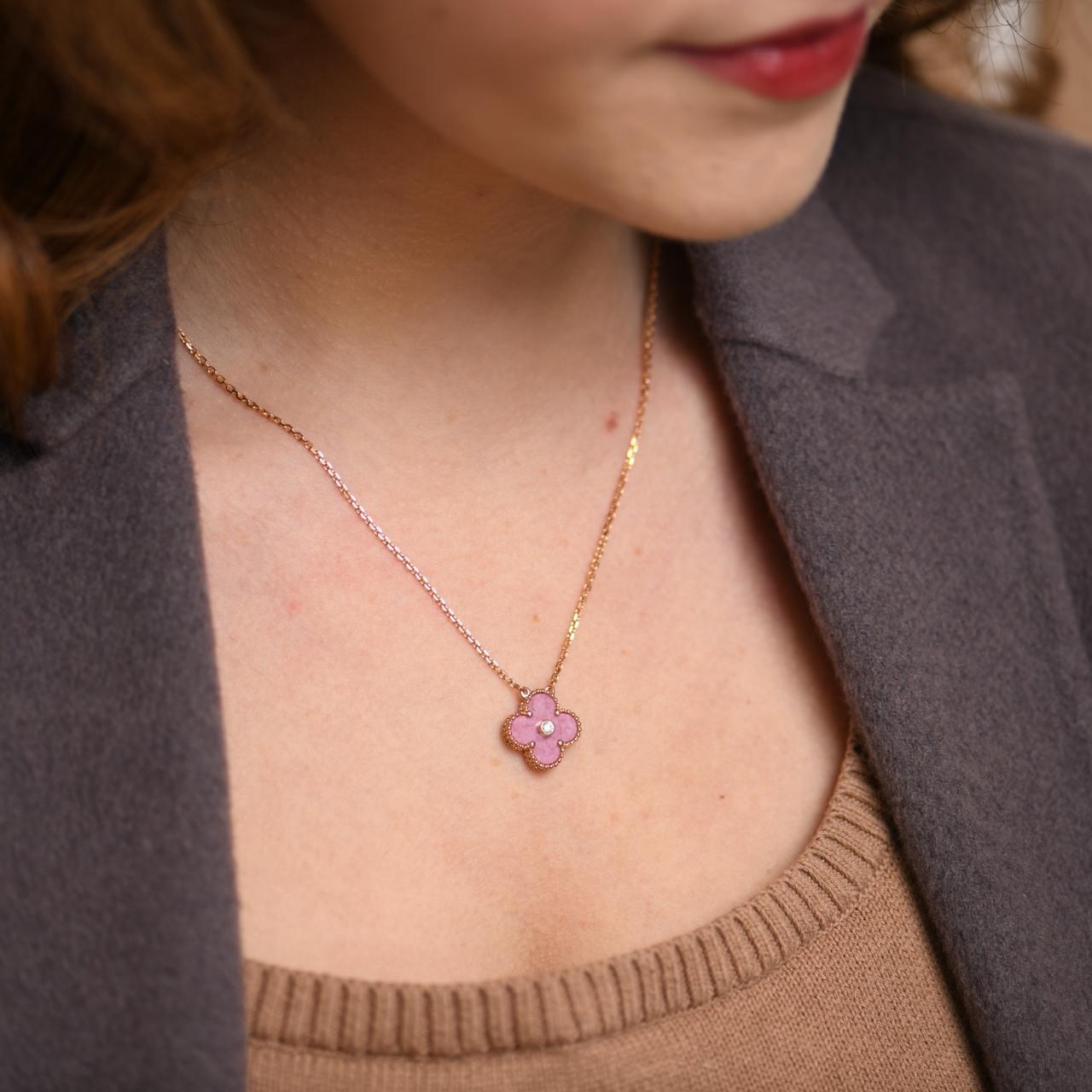 Round Cut Van Cleef & Arpels Vintage Alhambra Rhodonite Diamond 2021 Holiday Pendant