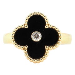 Van Cleef & Arpels Vintage Alhambra Ring 18 Karat Gold and Onyx with Diamond