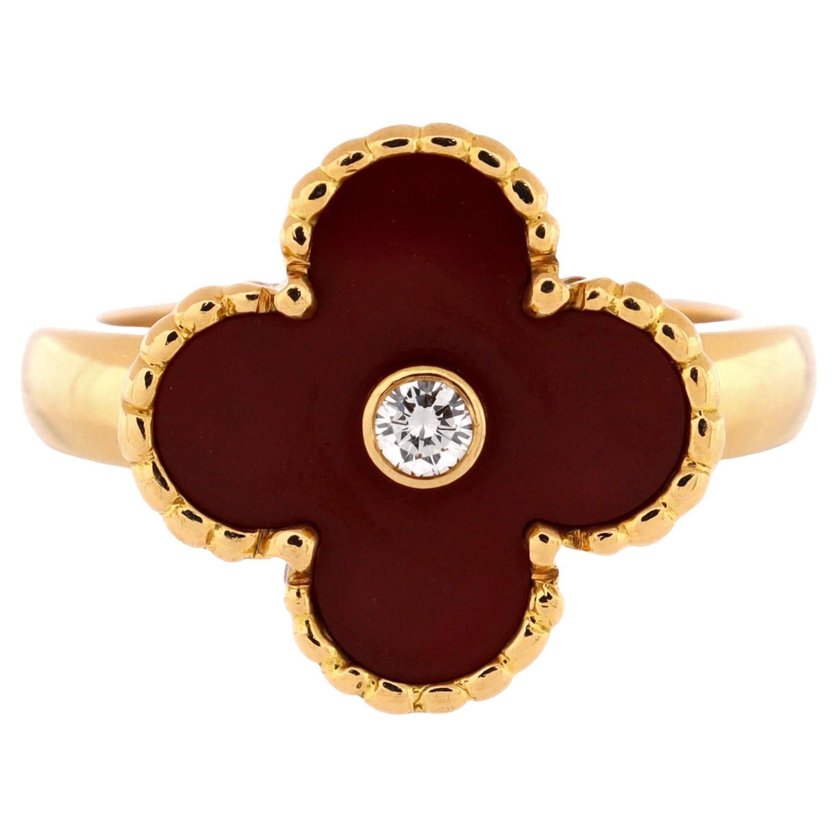 Van Cleef and Arpels Alhambra 18K Yellow Gold Carnelian Diamond Ring at