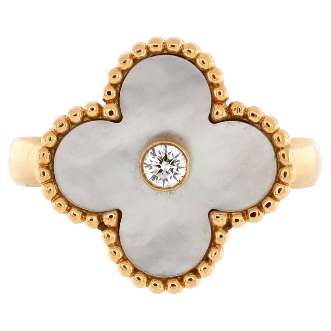 Van Cleef and Arpels Vintage Alhambra Mother of Pearl Diamond Gold Ring ...