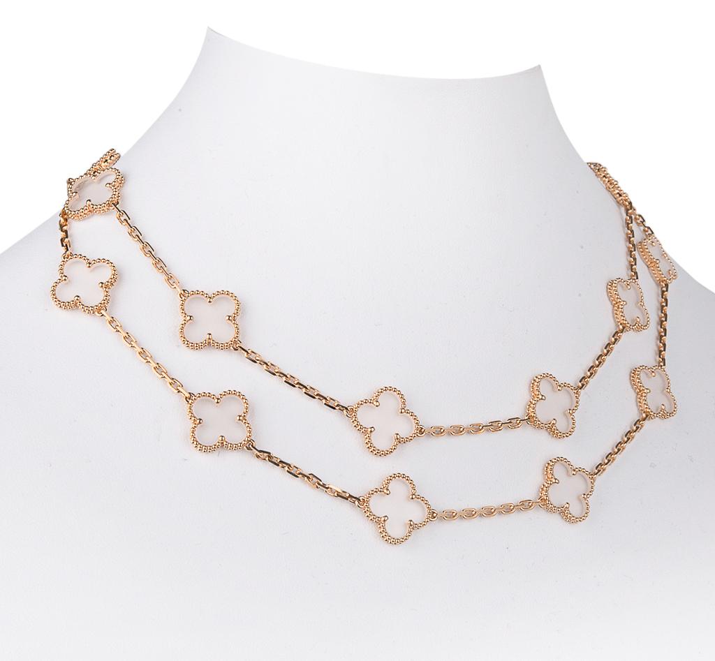 Guaranteed authentic highly collectible Van Cleef & Arpels very rare Vintage Alhambra Rock Crystal 20 Motif necklace.
Set in 18 Yellow Gold. 
Necklace can be worn as a single strand or doubled.
Signature stamps on necklace. 
Necklace comes with