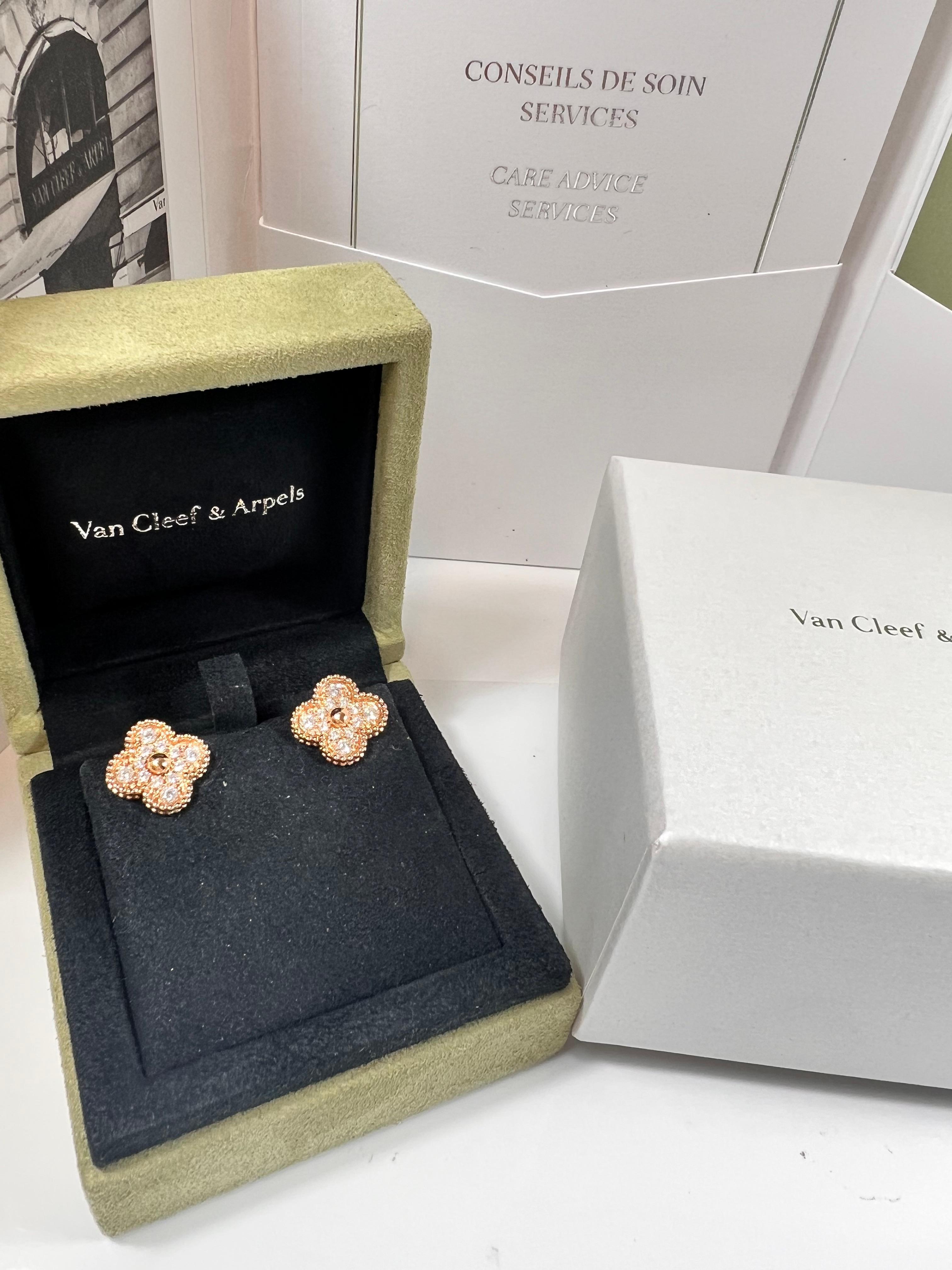 Contemporary Van Cleef & Arpels Vintage Alhambra Rose Gold and Diamonds Earrings