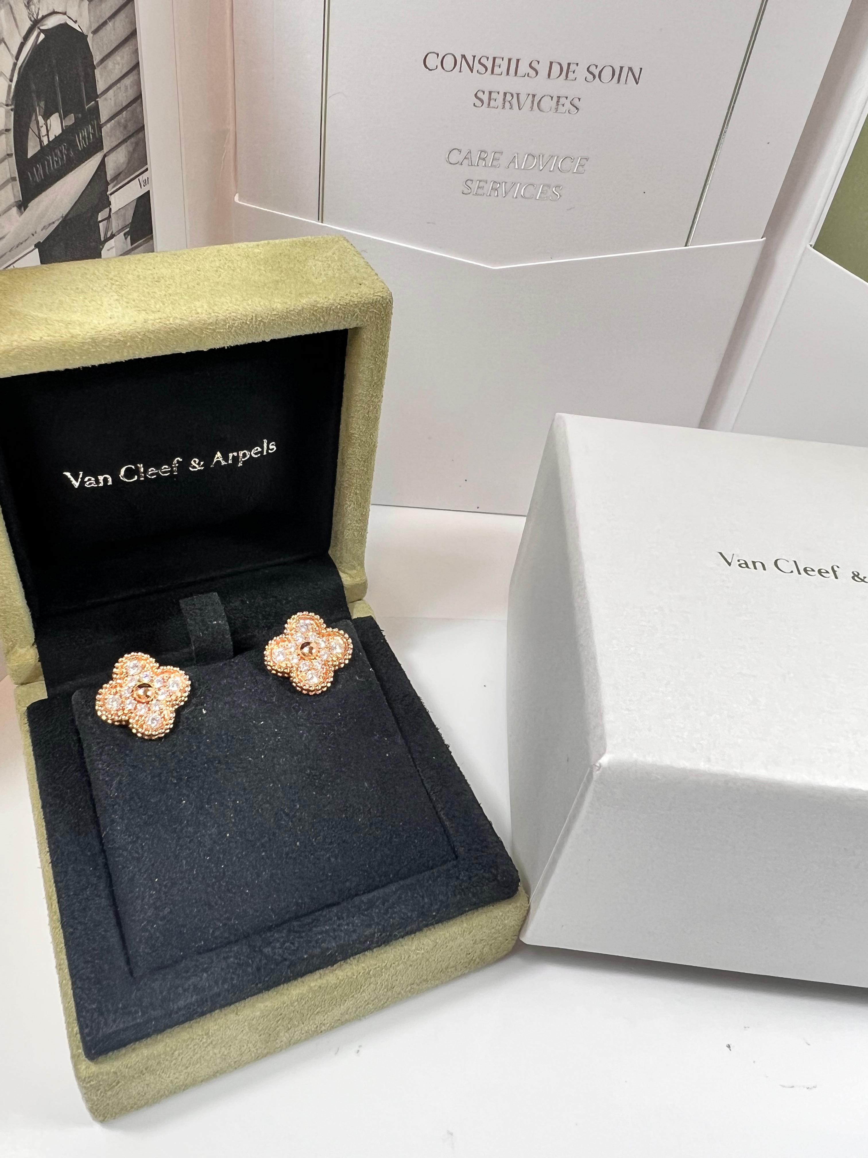 Half Moon Cut Van Cleef & Arpels Vintage Alhambra Rose Gold and Diamonds Earrings