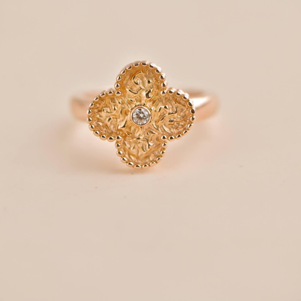 Van Cleef & Arpels Vintage Alhambra Rose Gold Diamond Hammered Ring Size 53 1