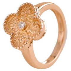 Van Cleef & Arpels Vintage Alhambra Rose Gold Diamond Hammered Ring Size 53