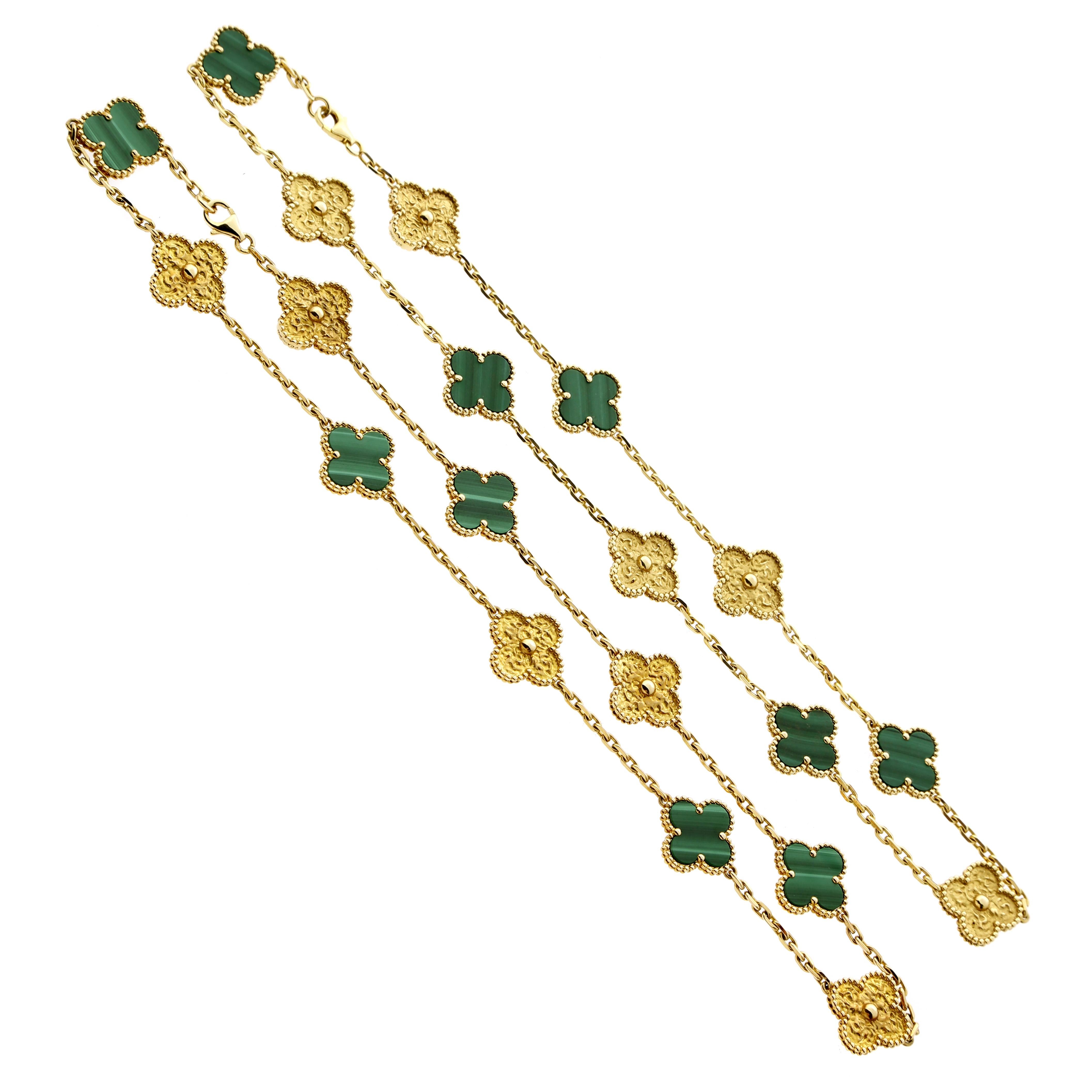 Van Cleef & Arpels Vintage Alhambra Set of Two Malachite Yellow Gold Necklaces In Excellent Condition In Feasterville, PA