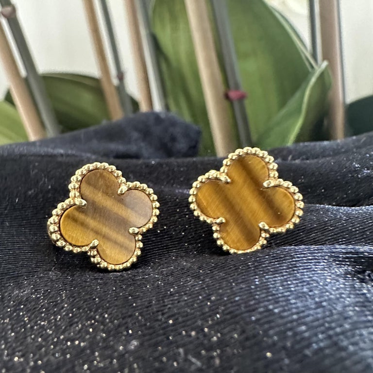 Van Cleef Arpels Vintage Alhambra Tiger Eye Earrings in 18k Yellow Gold