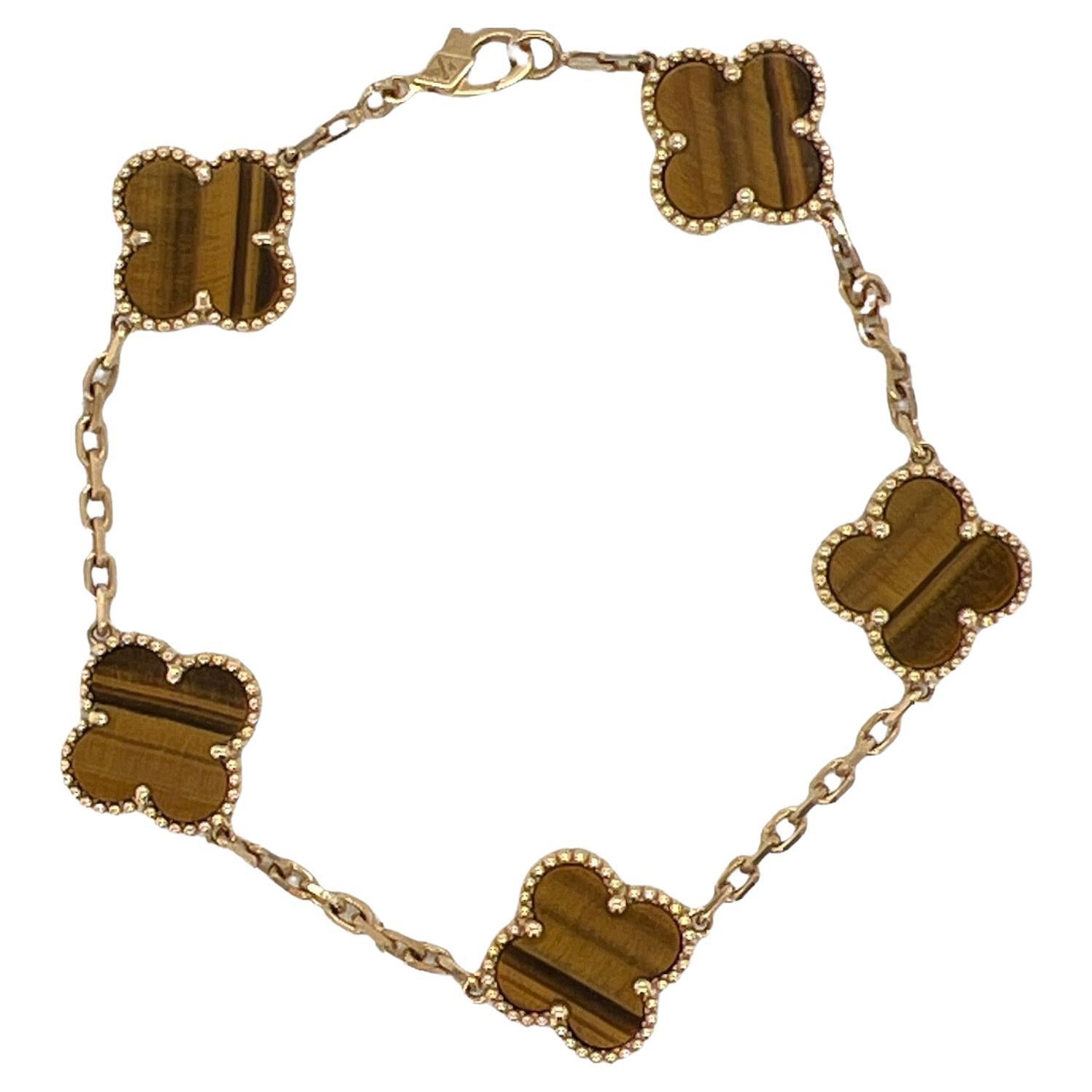 Van Cleef & Arpels Vintage Alhambra Tiger's Eye 18K Yellow Gold Link Bracelet