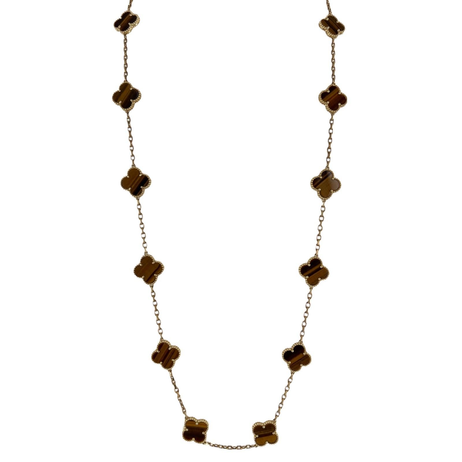 Modern Van Cleef & Arpels Vintage Alhambra Tiger's Eye 18K Yellow Gold Link Necklace
