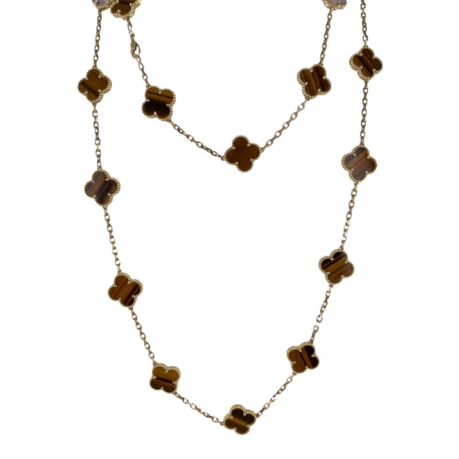 Cabochon Van Cleef & Arpels Vintage Alhambra Tiger's Eye 18K Yellow Gold Link Necklace