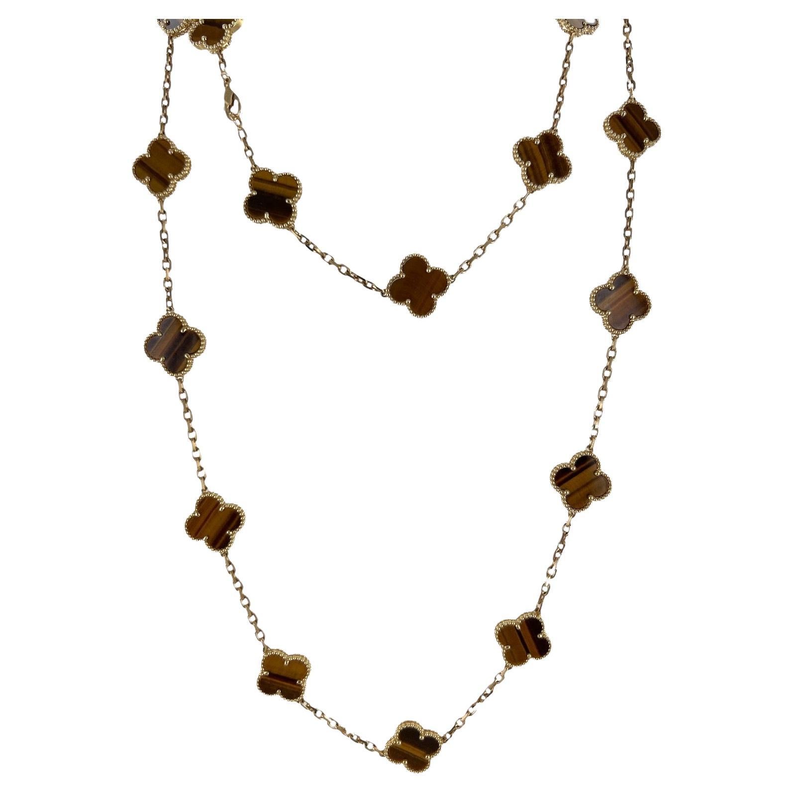 Van Cleef & Arpels Vintage Alhambra Tiger's Eye 18K Yellow Gold Link Necklace