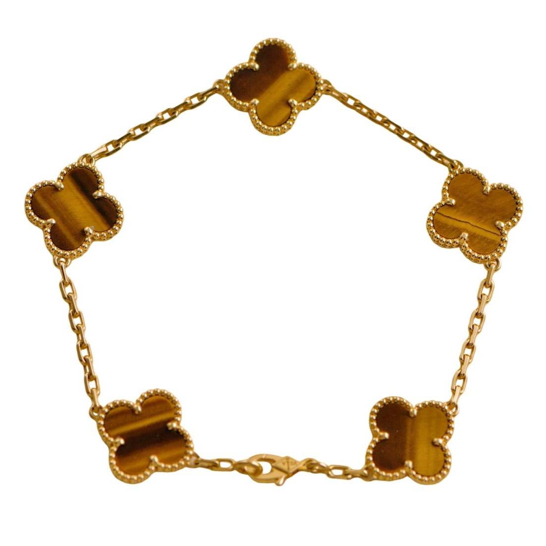Van Cleef & Arpels Vintage Alhambra Tiger's Eye 5 Motif 18K Yellow Gold Bracelet For Sale