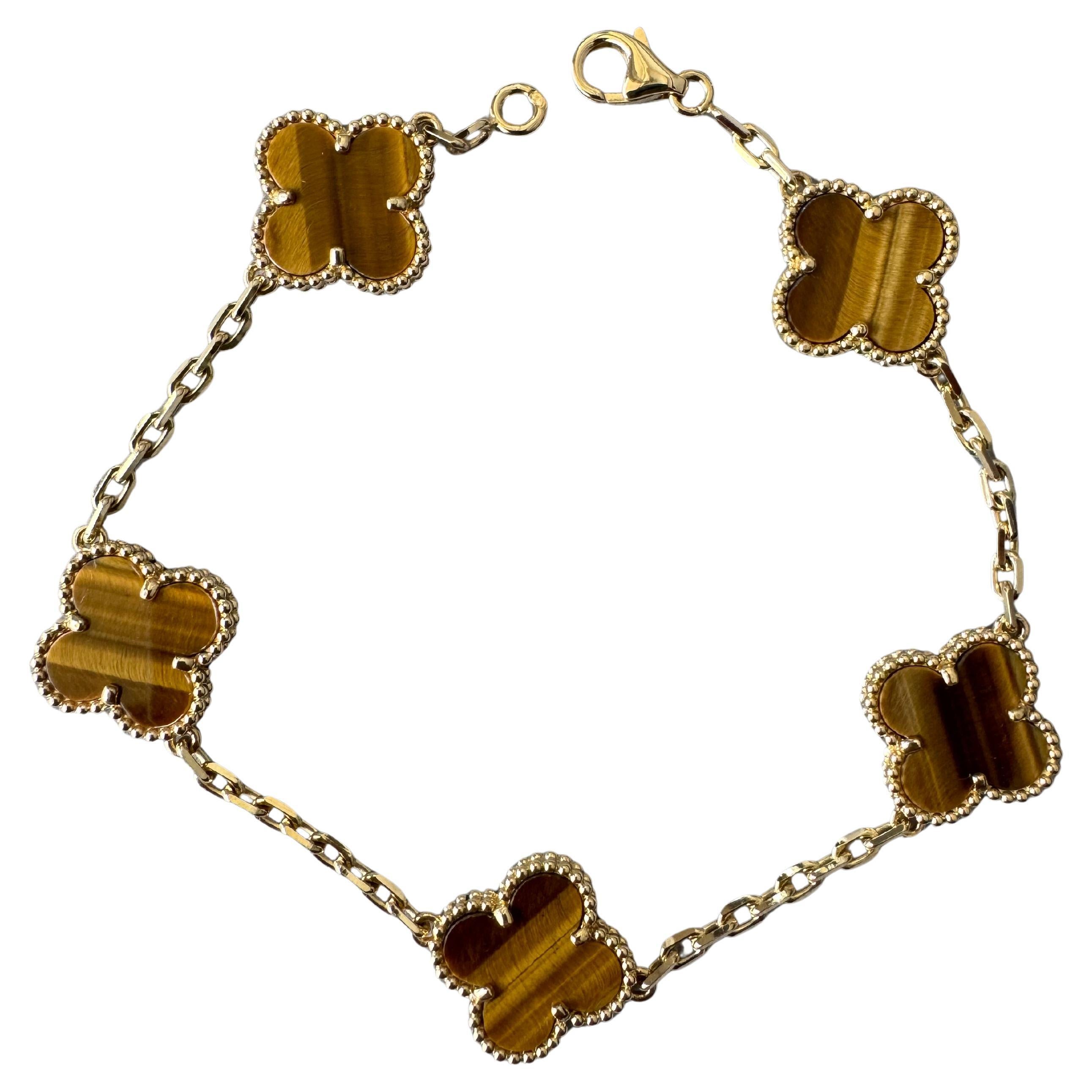 Van Cleef & Arpels Vintage Alhambra Tiger's Eye 5 Motif Yellow Gold Bracelet