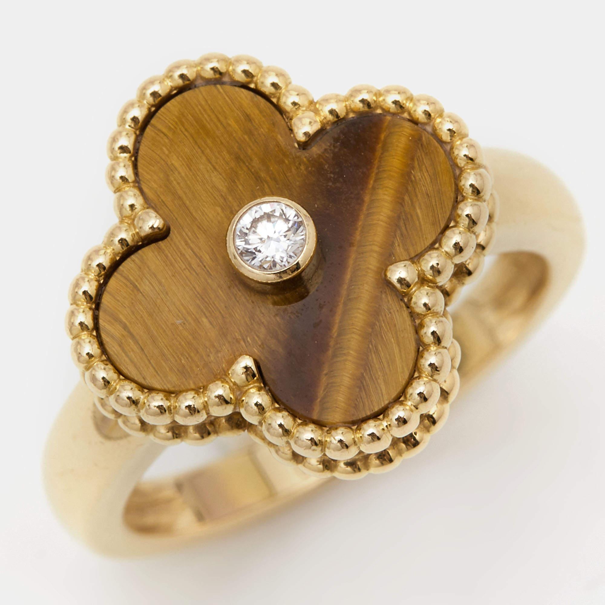Uncut Van Cleef & Arpels Vintage Alhambra Tiger's Eye Diamond 18k Yellow Gold Ring Siz
