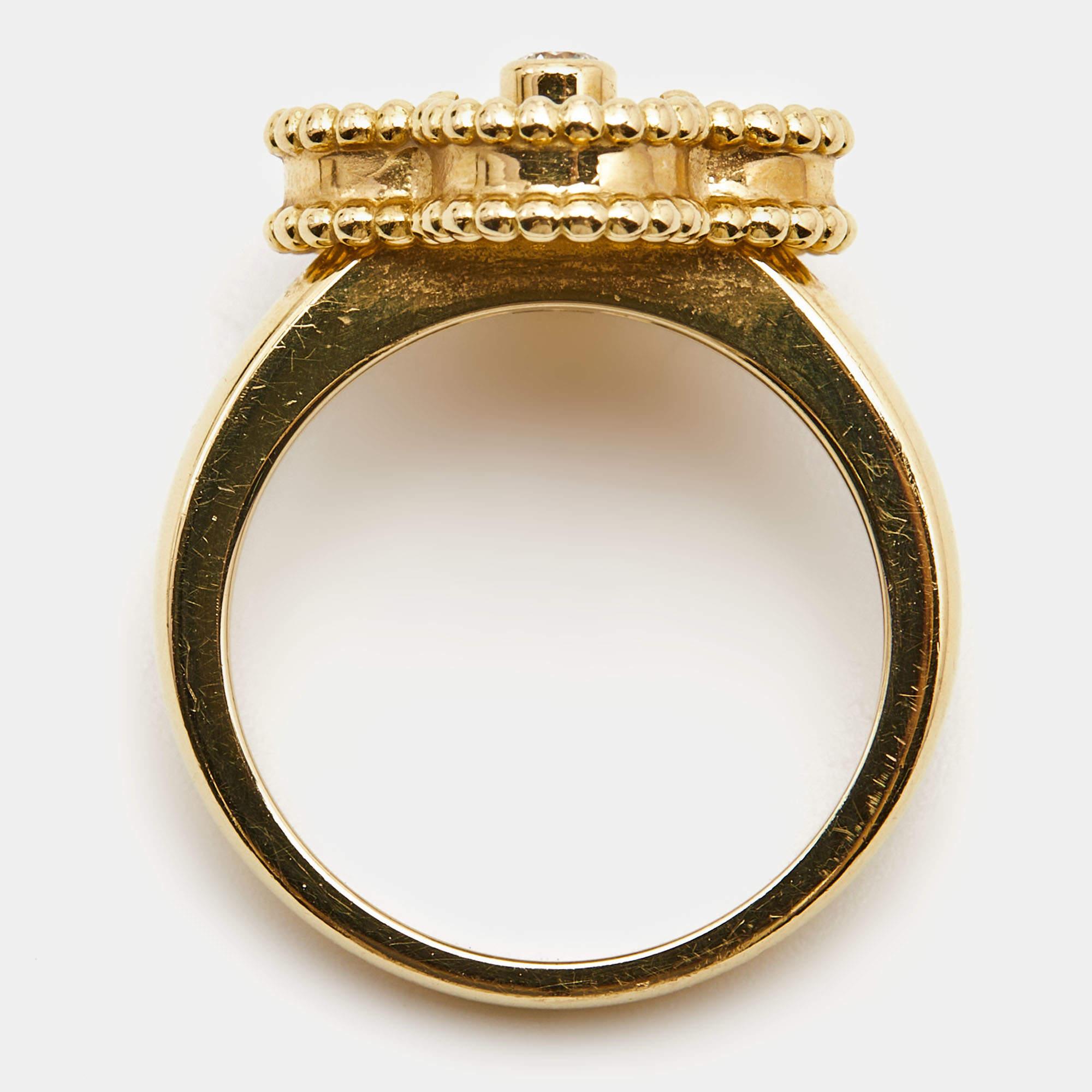 Women's Van Cleef & Arpels Vintage Alhambra Tiger's Eye Diamond 18k Yellow Gold Ring Siz