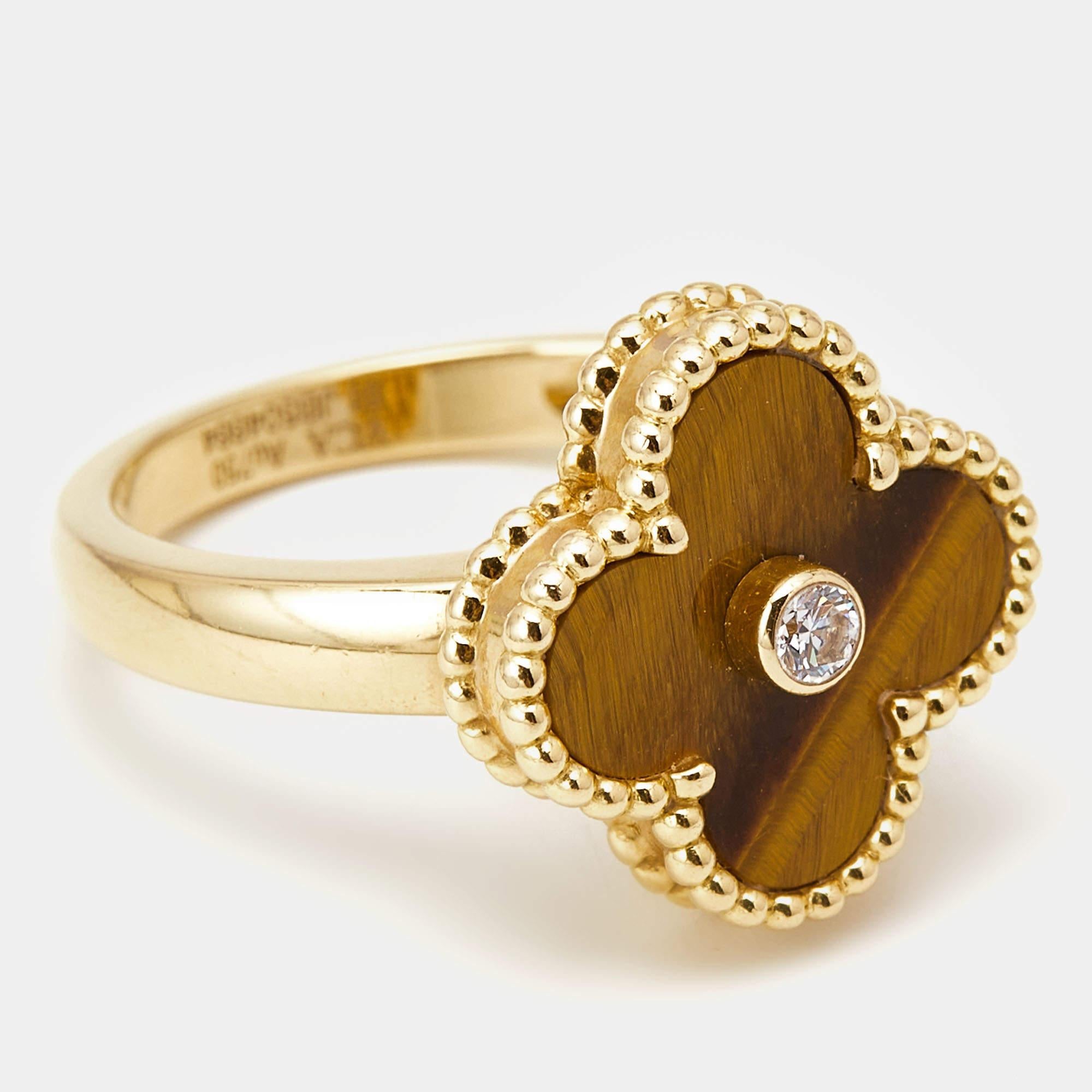 Van Cleef & Arpels Vintage Alhambra Tiger's Eye Diamond 18k Yellow Gold Ring Siz 2