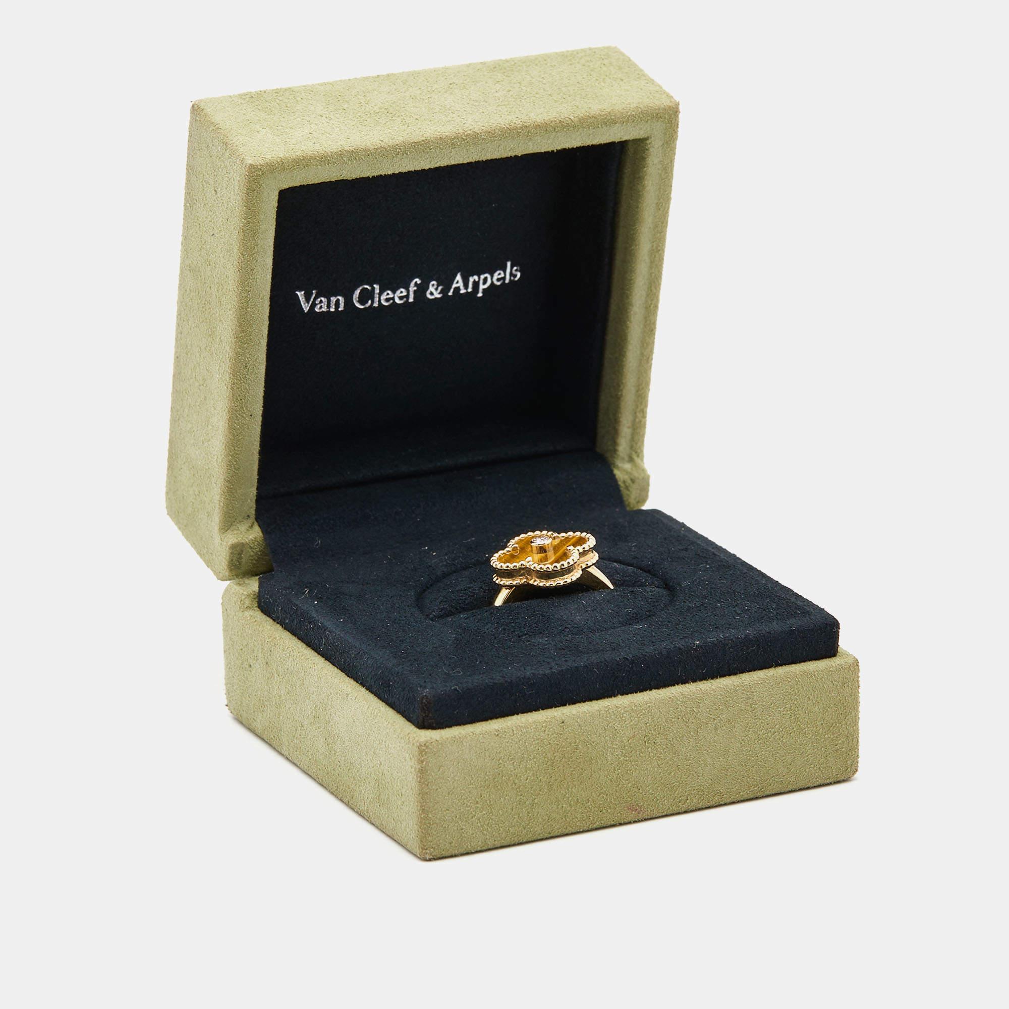 Van Cleef & Arpels Vintage Alhambra Tiger's Eye Diamond 18k Yellow Gold Ring Siz 3