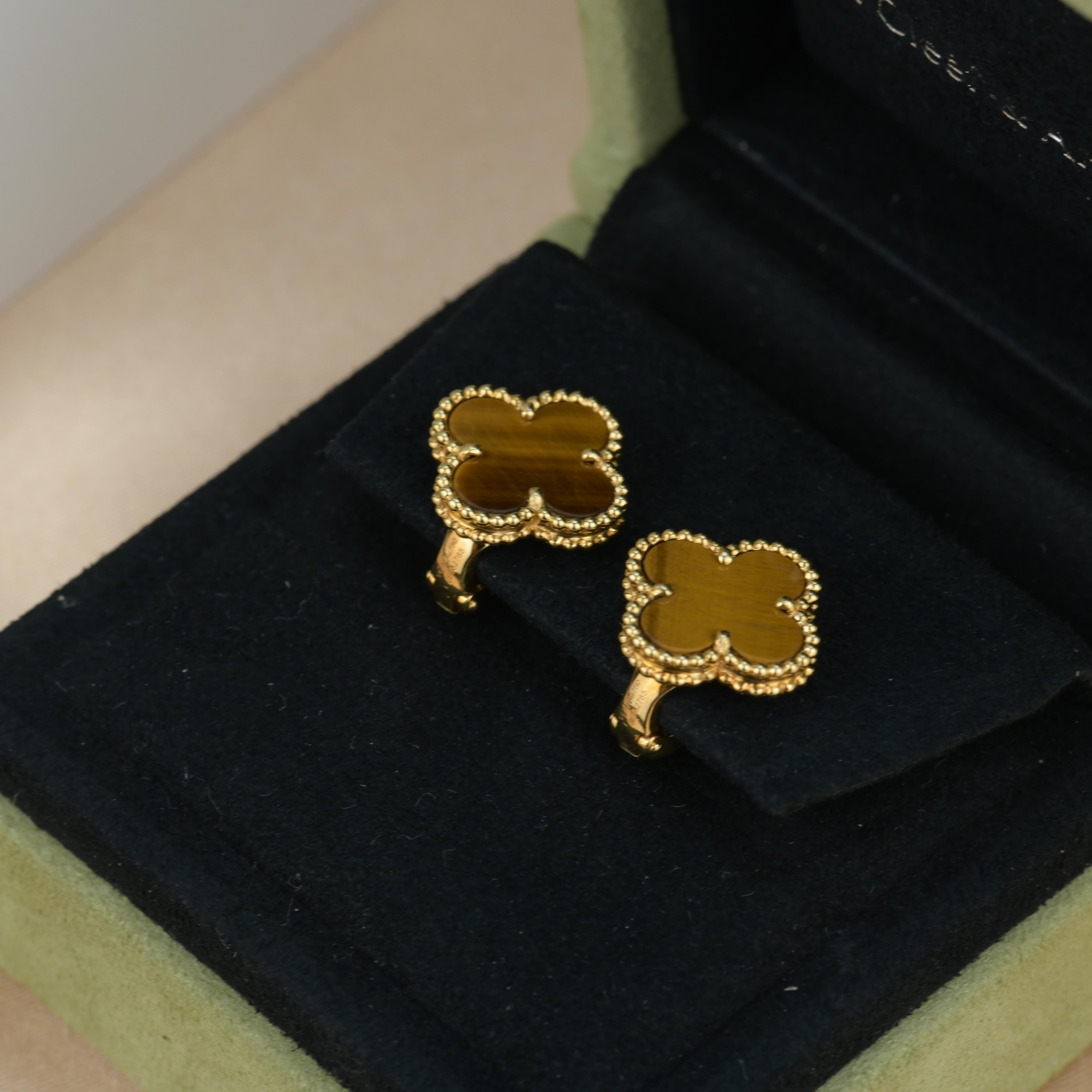 Uncut Van Cleef & Arpels Vintage Alhambra Tiger's Eye Gold Earrings 