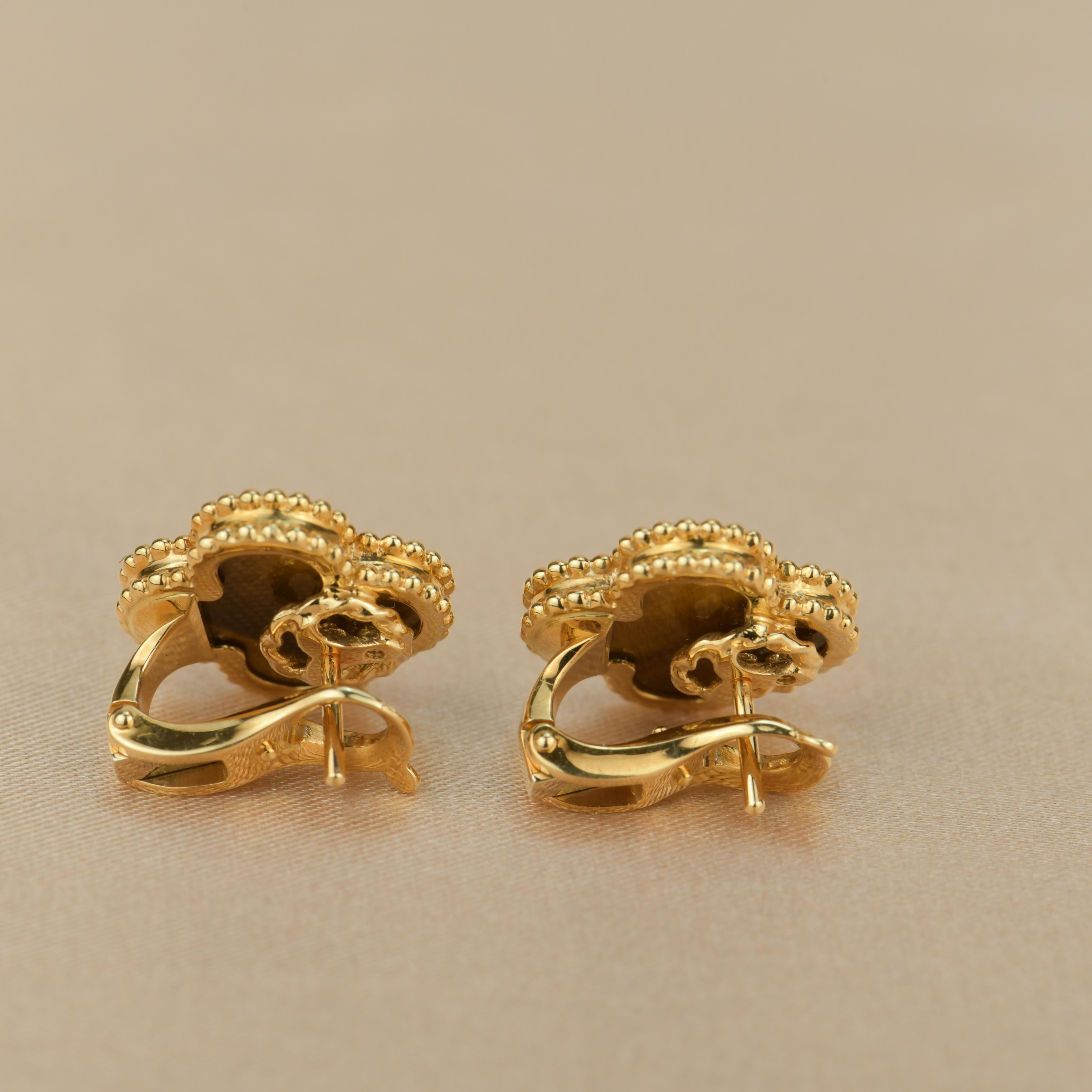 Van Cleef & Arpels Vintage Alhambra Tiger's Eye Gold Earrings  1