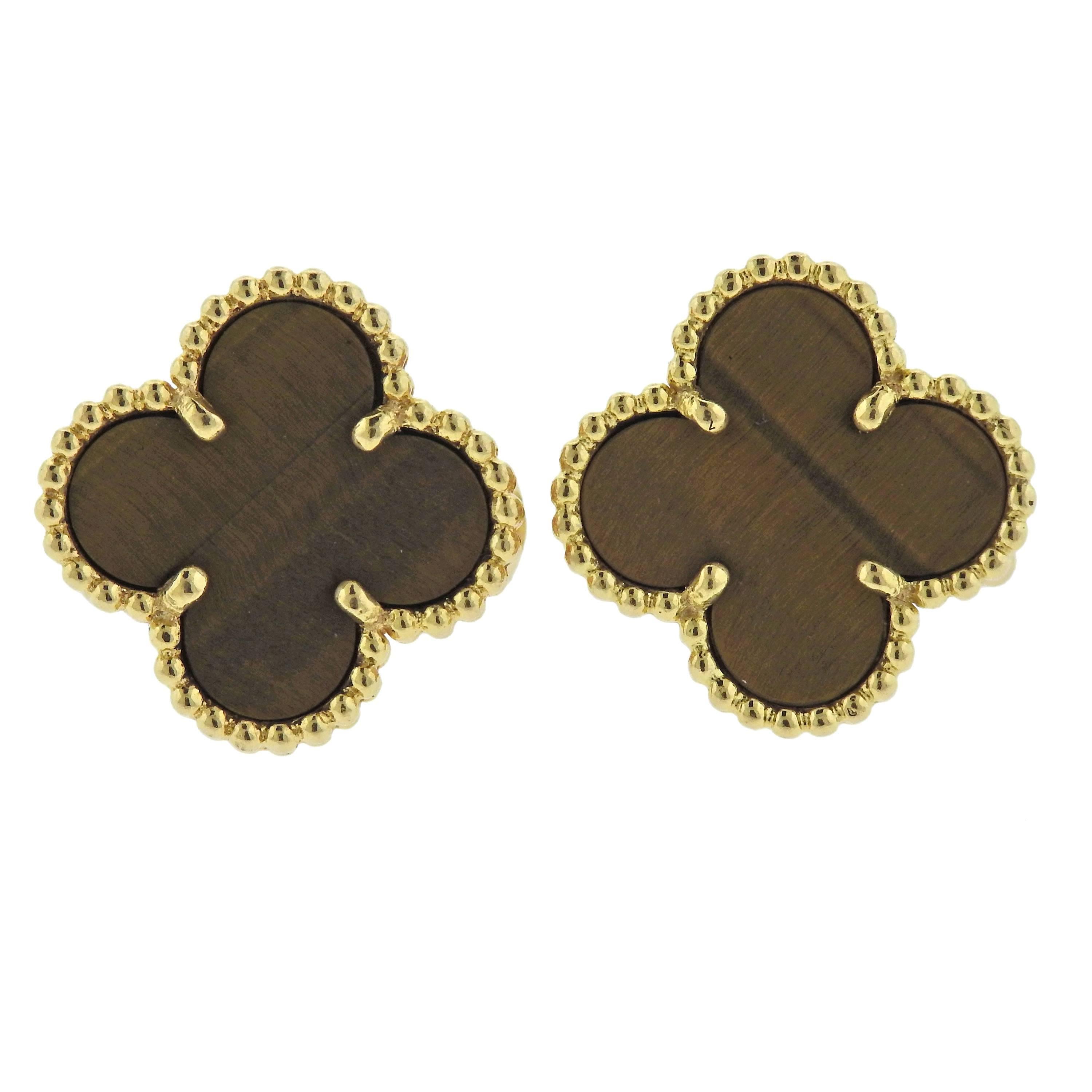 Van Cleef & Arpels Vintage Alhambra Tiger's Eye Gold Earrings