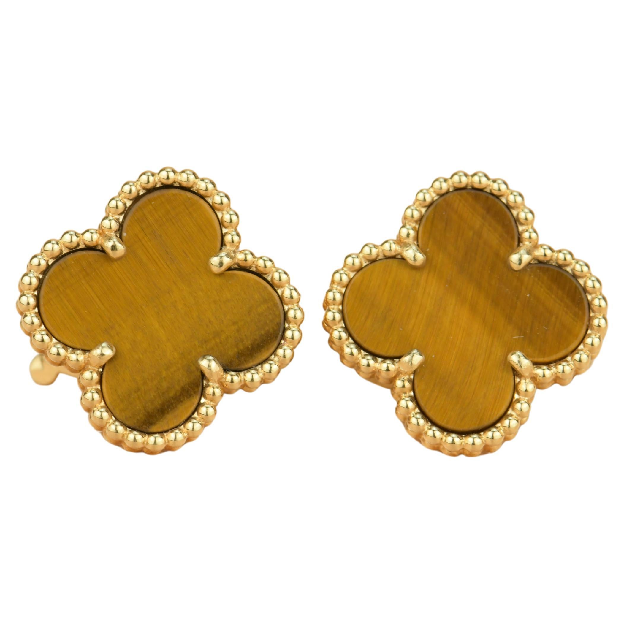 Van Cleef & Arpels Vintage Alhambra Tiger's Eye Gold Earrings 