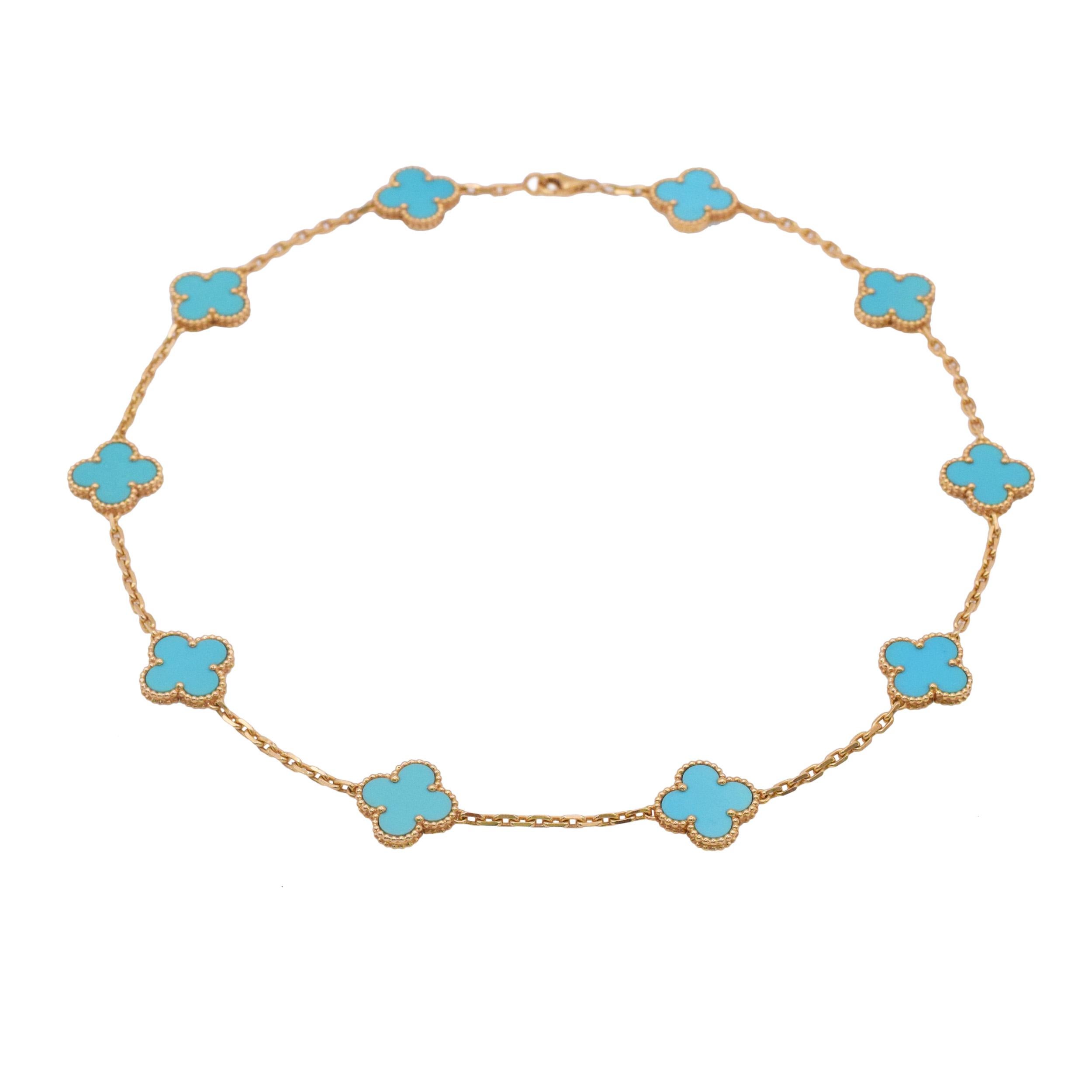 Van Cleef & Arpels   Collier Vintage Alhambra Turquoise 10 Motifs en vente 6