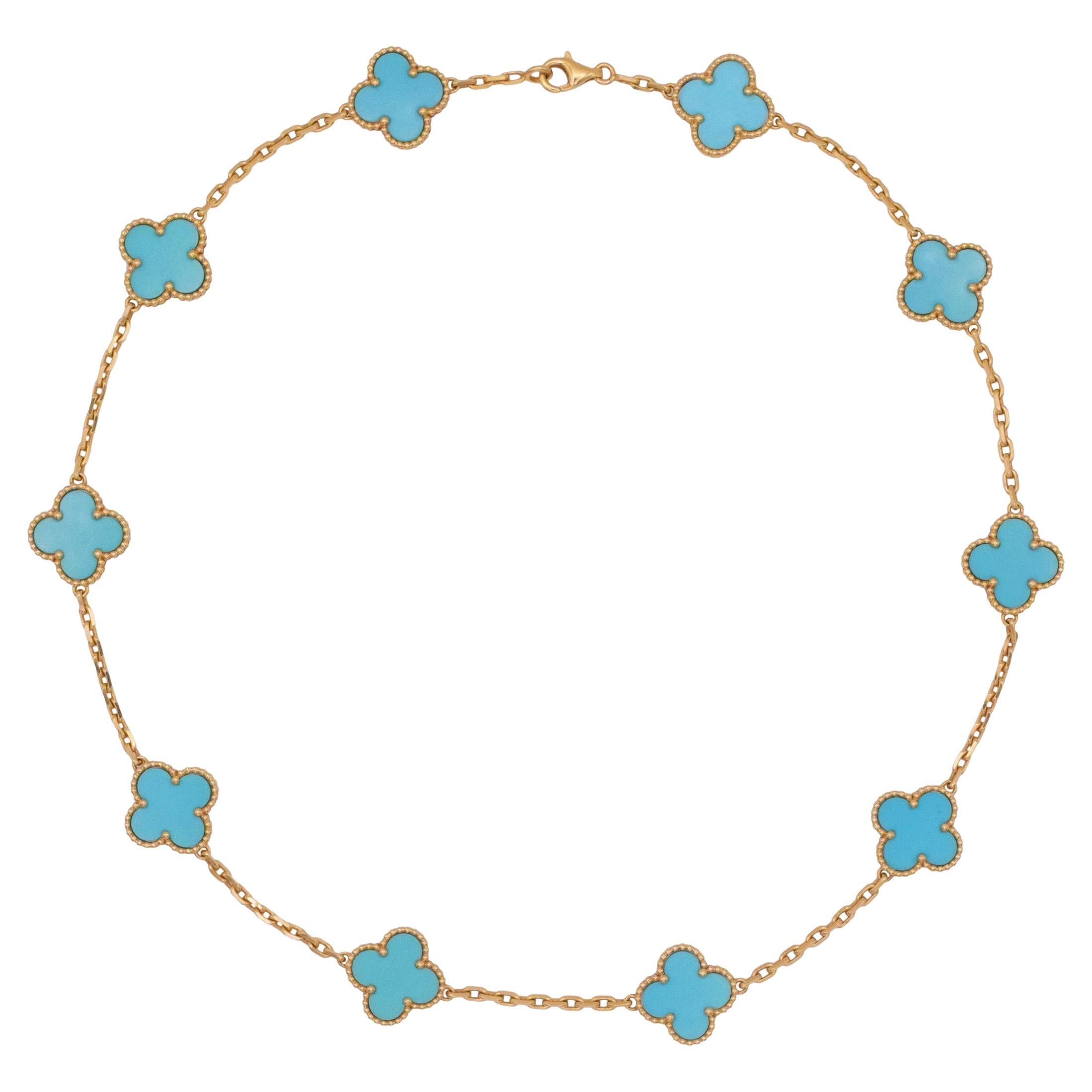 Van Cleef & Arpels   Collier Vintage Alhambra Turquoise 10 Motifs en vente