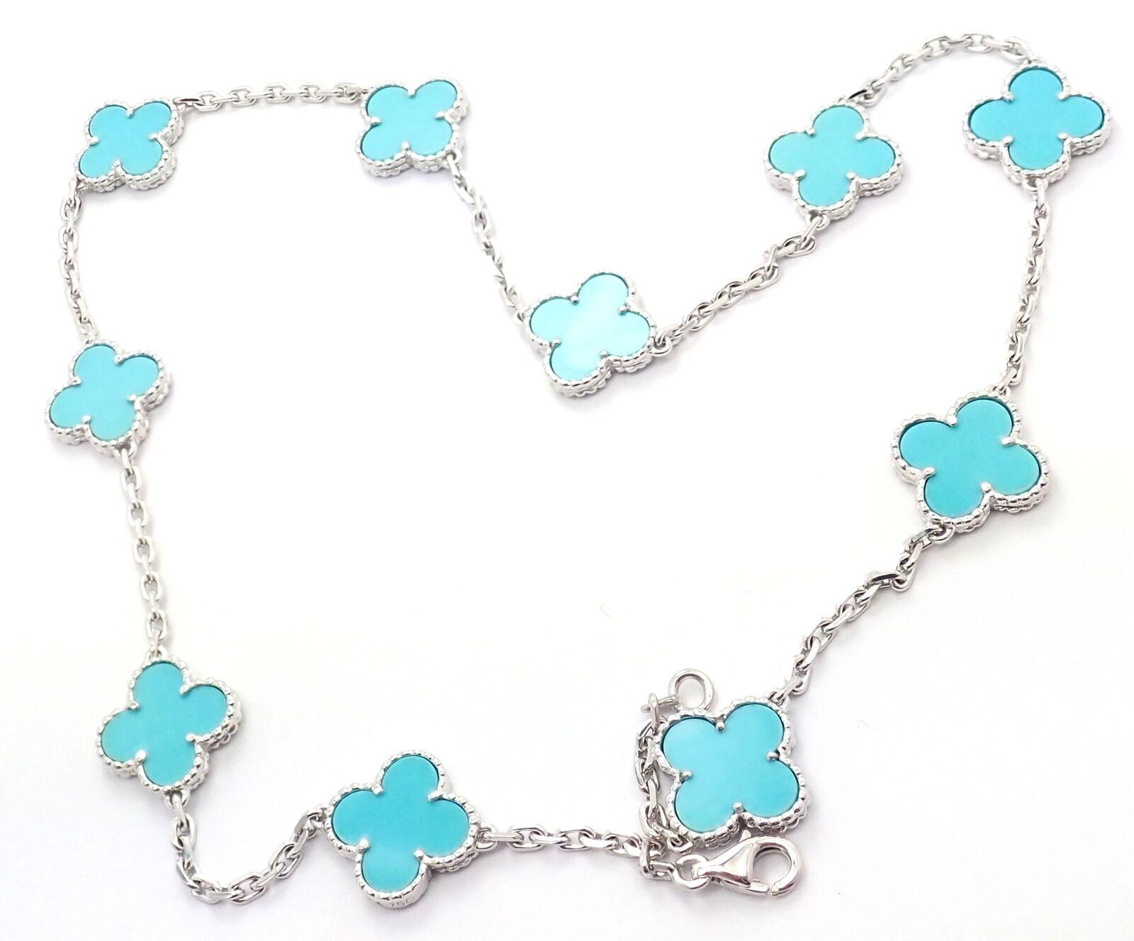Van Cleef & Arpels Vintage Alhambra Turquoise 10 Motif White Gold Necklace 1