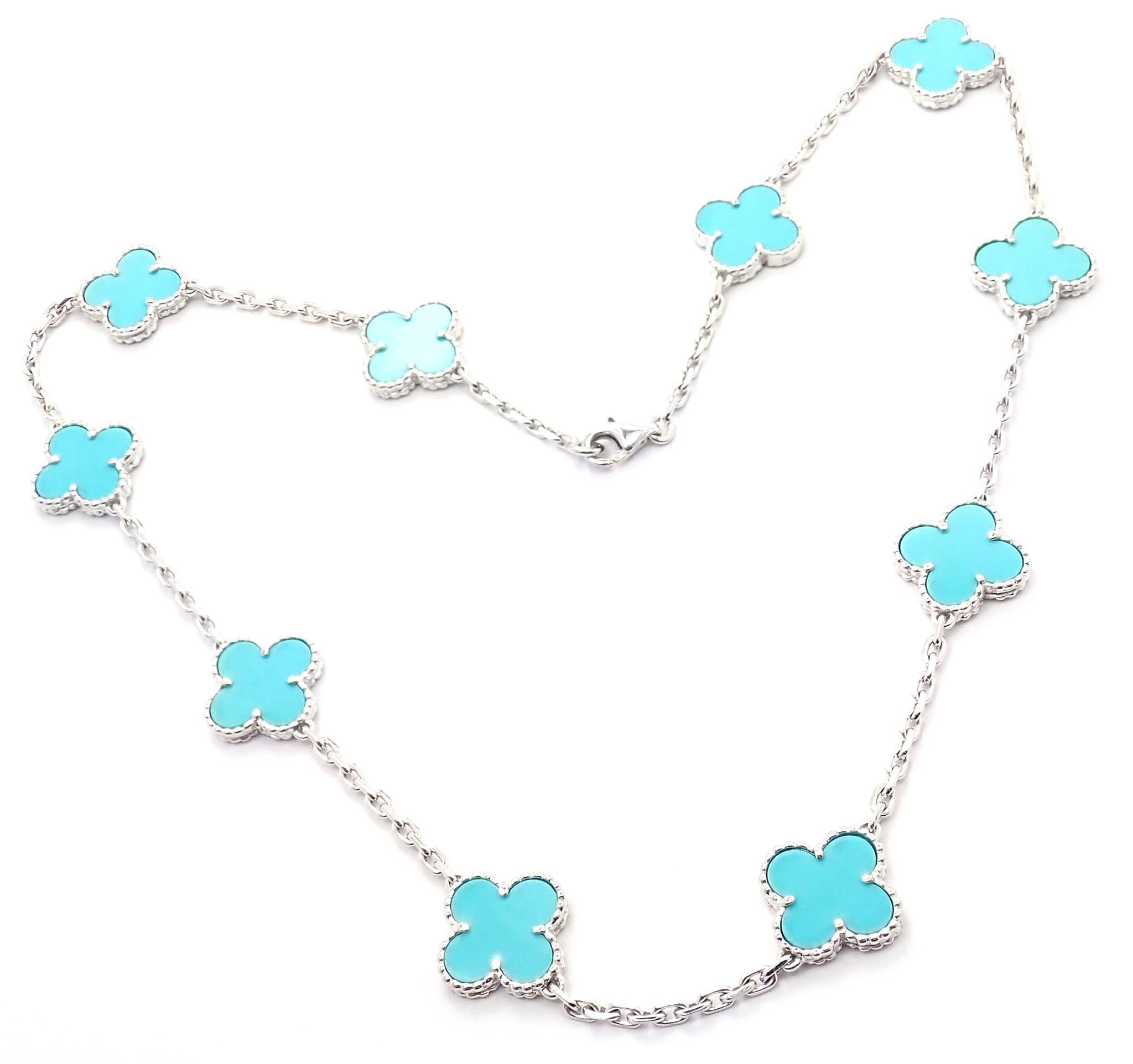18k White Gold Alhambra 10 Motifs Turquoise Necklace by Van Cleef & Arpels. 
With 10 motifs of turquoise alhambra stones 15mm each.
*** This is an extremely rare, highly collectible turquoise Alhambra necklace by Van Cleef & Arpels***
This necklace