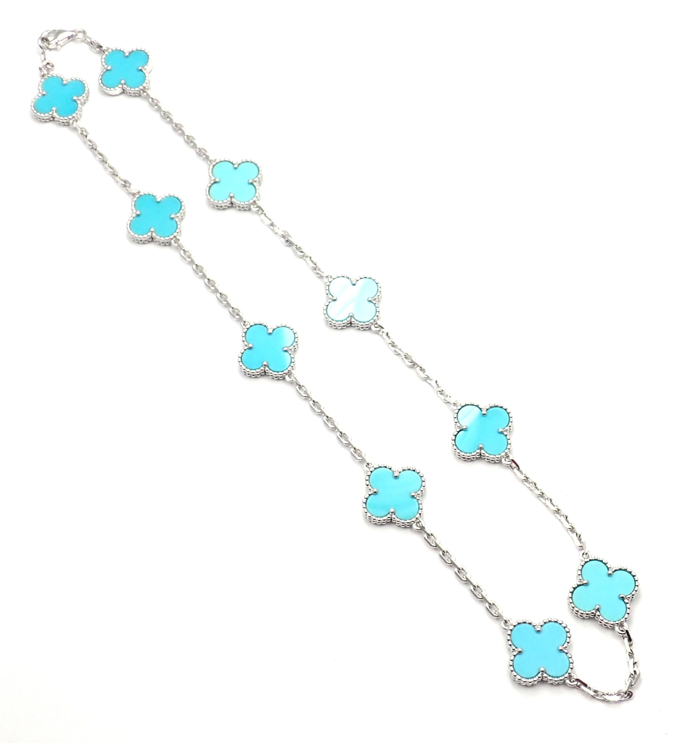 18k White Gold Alhambra 10 Motifs Turquoise Necklace by Van Cleef & Arpels. 
With 10 motifs of turquoise alhambra stones 15mm each.
This necklace comes with VCA certificate of authenticity.
Details: 
Length: 16.75