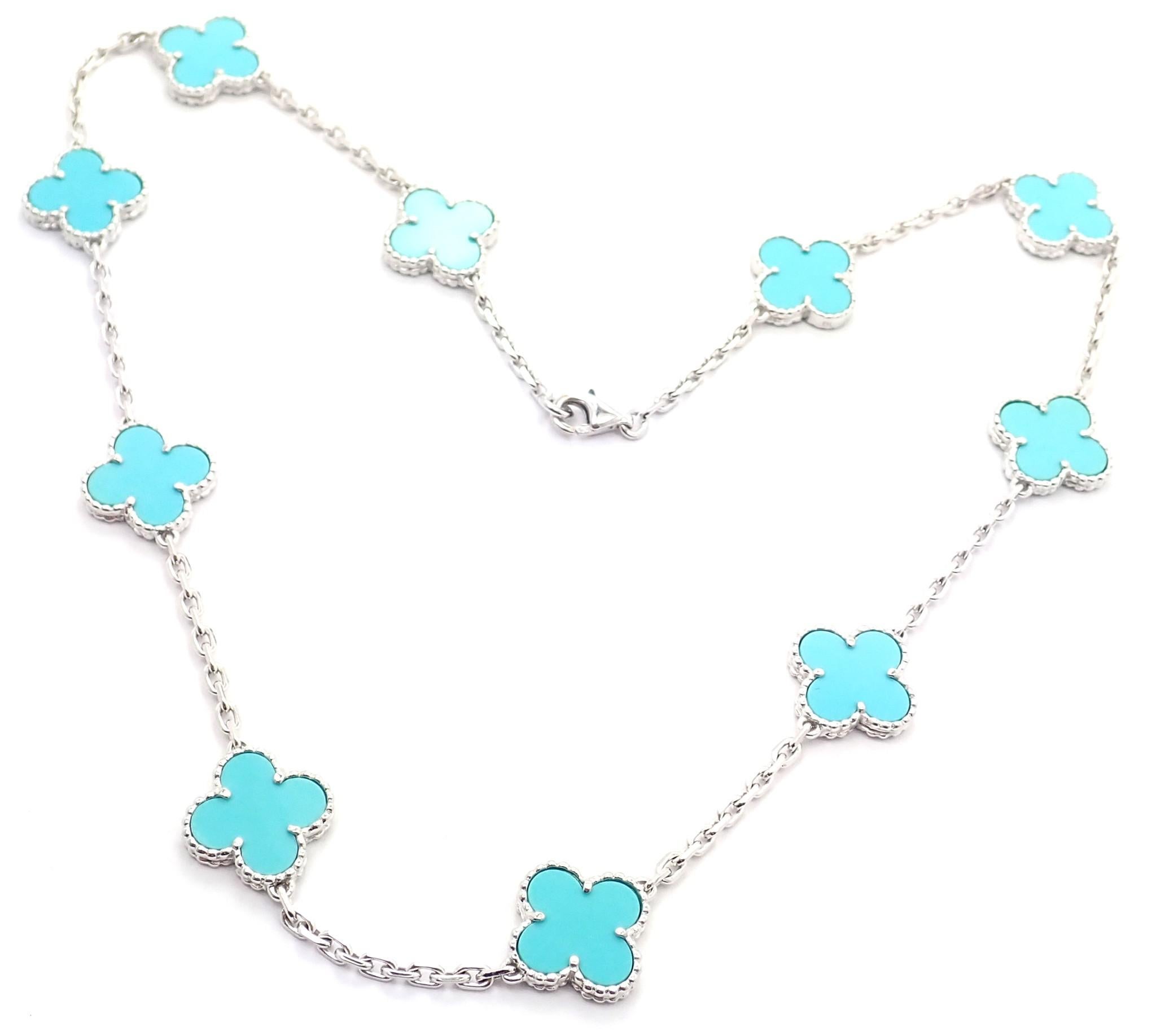 Van Cleef & Arpels Vintage Alhambra Turquoise 10 Motif White Gold Necklace In Excellent Condition For Sale In Holland, PA