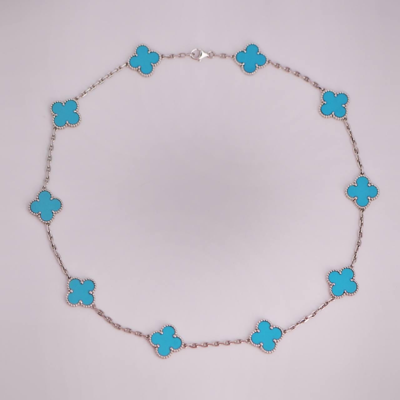 Van Cleef & Arpels Vintage Alhambra Turquoise 10 Motif White Gold Necklace In Excellent Condition In Banbury, GB