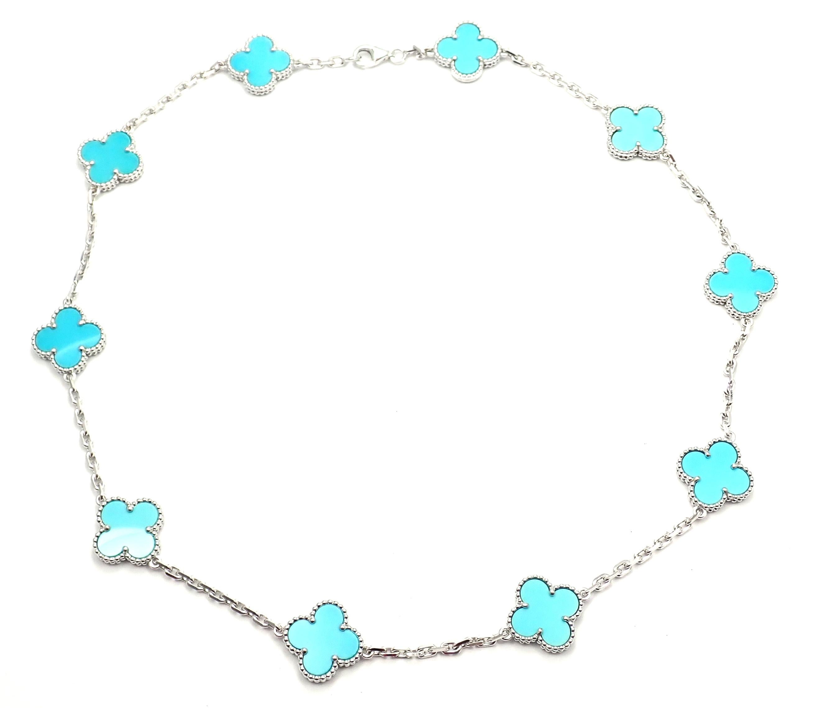 Van Cleef & Arpels Vintage Alhambra Turquoise 10 Motif White Gold Necklace In Excellent Condition In Holland, PA