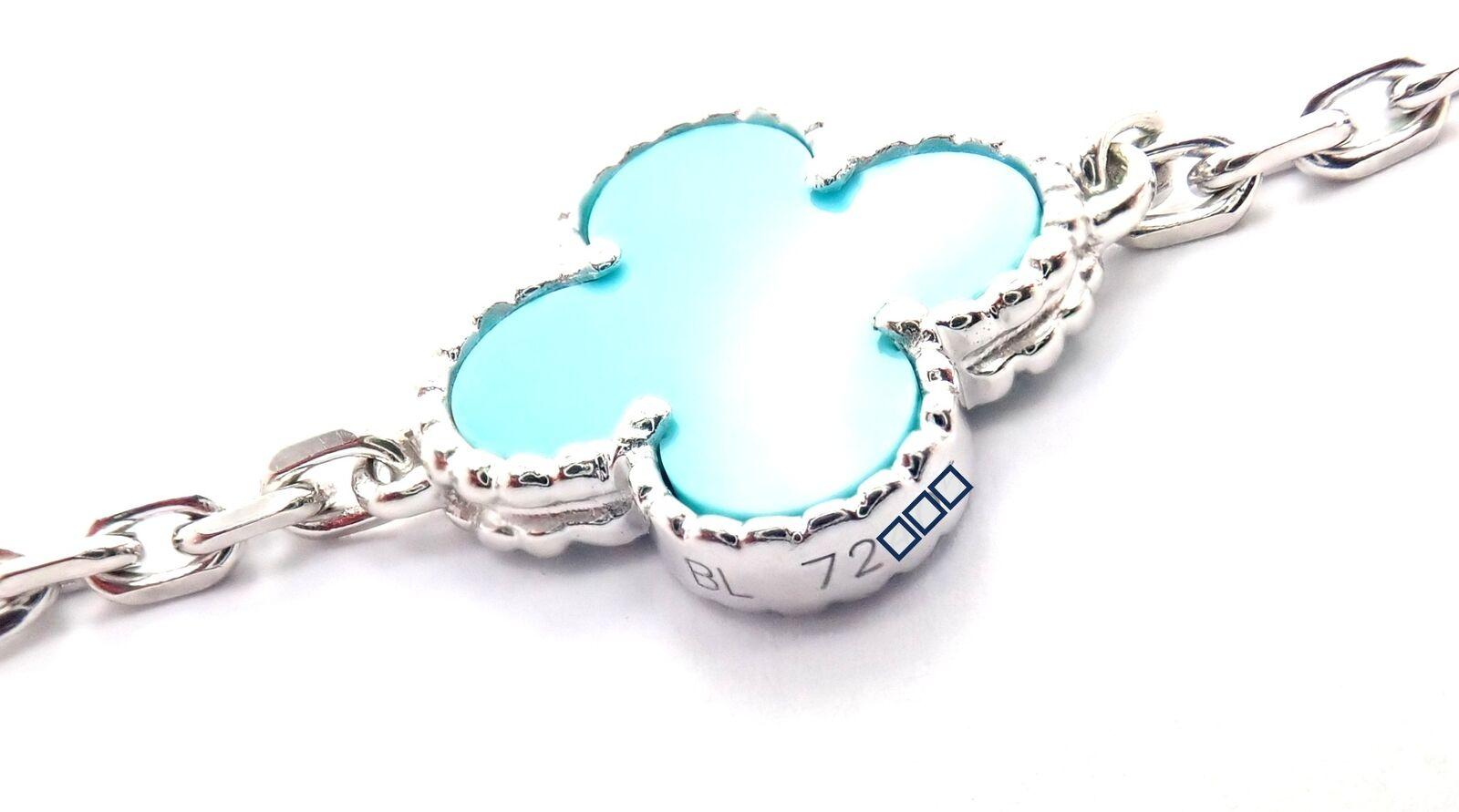 Women's or Men's Van Cleef & Arpels Vintage Alhambra Turquoise 10 Motif White Gold Necklace