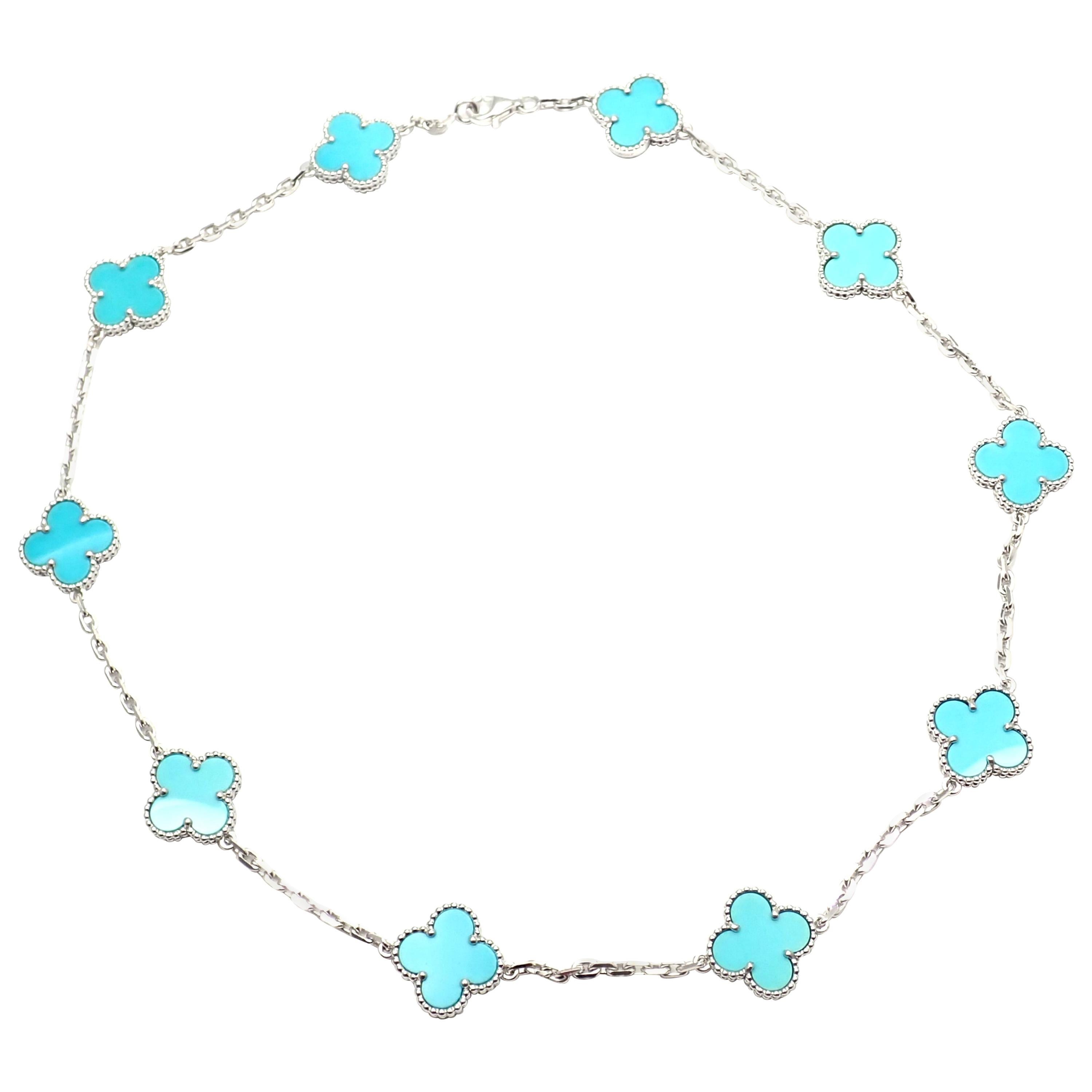 Van Cleef & Arpels Vintage Alhambra Turquoise 10 Motif White Gold Necklace