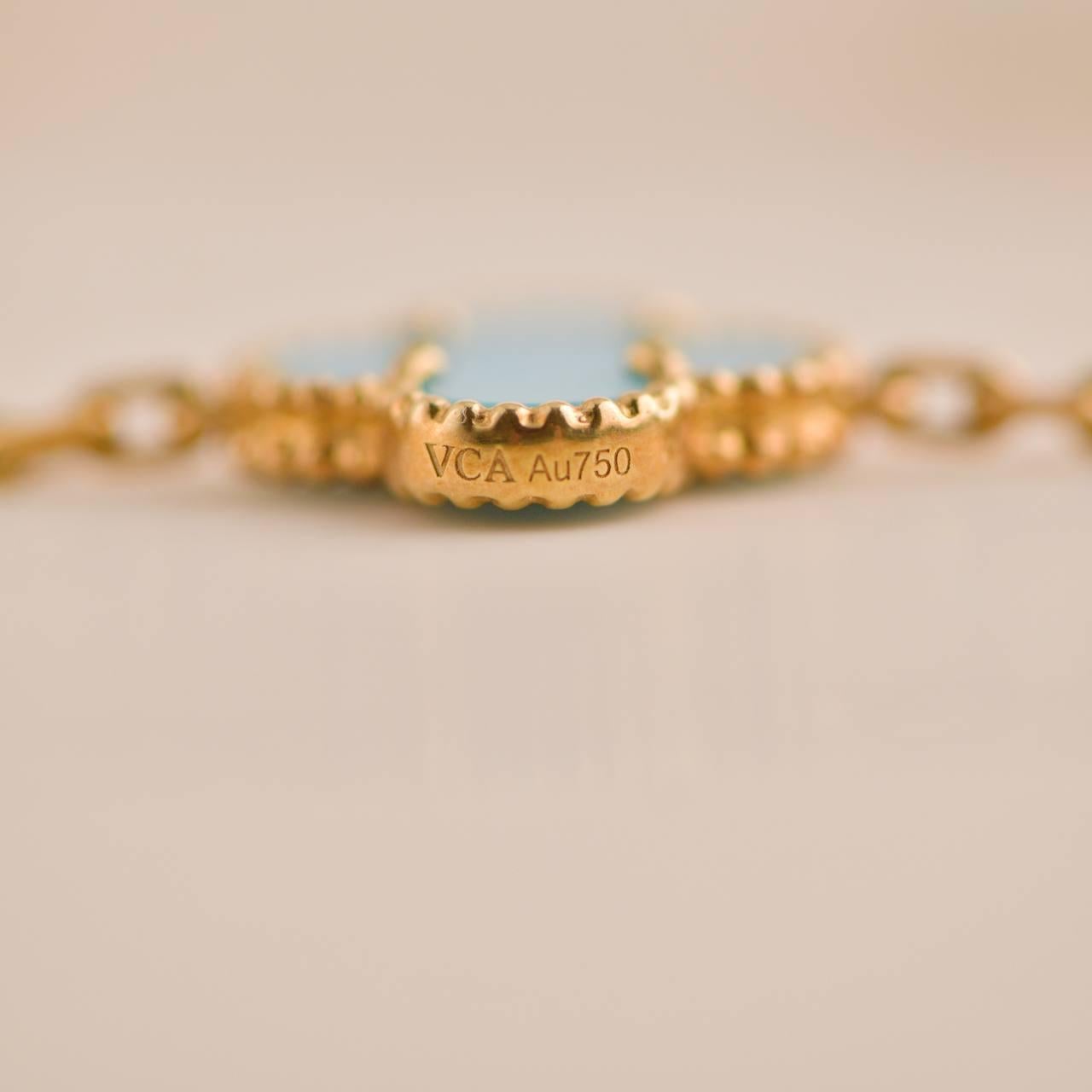 Uncut Van Cleef & Arpels Vintage Alhambra Turquoise 10 Motif Yellow Gold Necklace