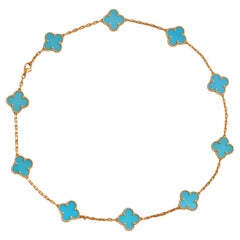 Van Cleef & Arpels Vintage Alhambra Turquoise 10 Motif Yellow Gold Necklace