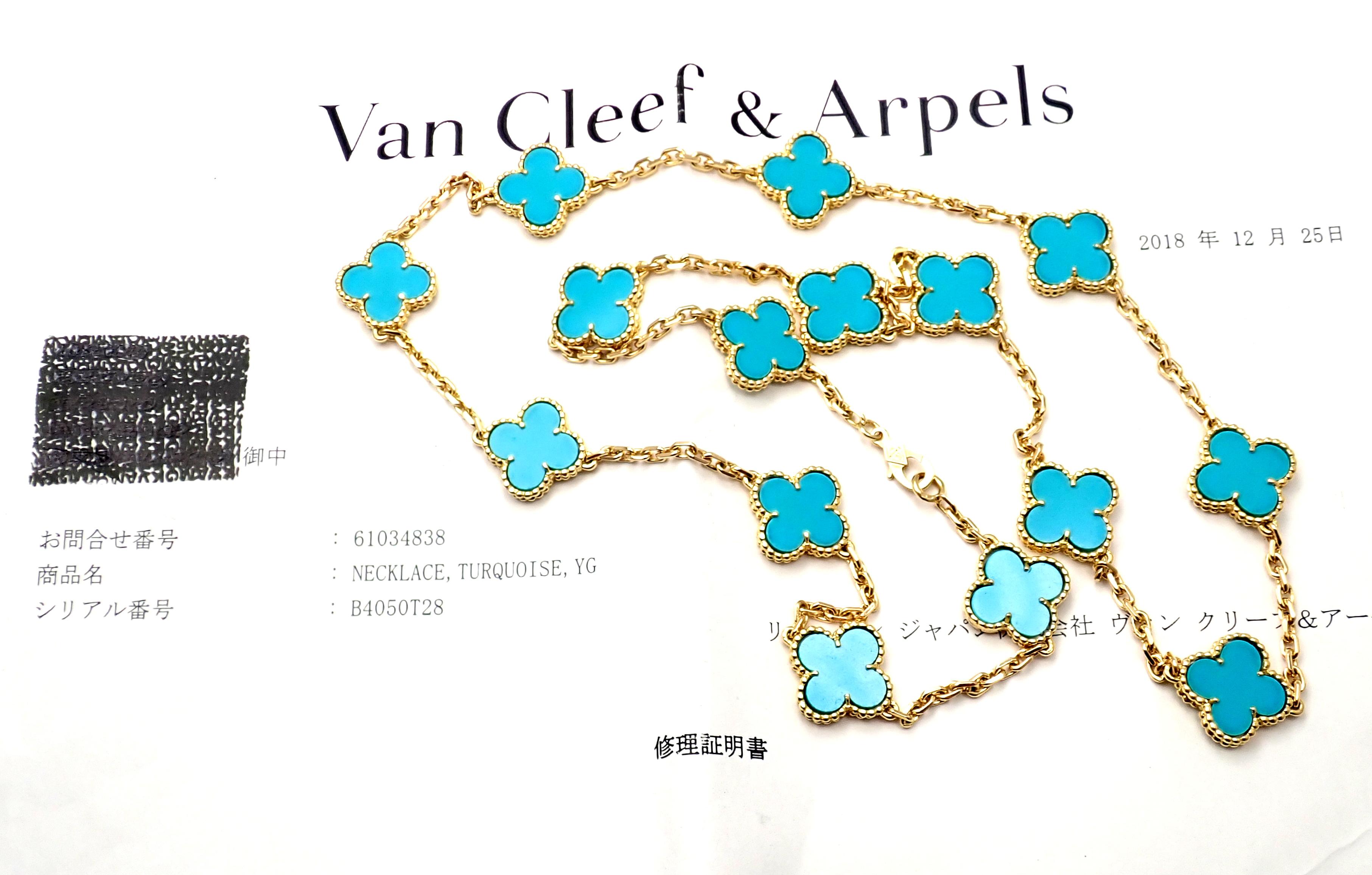Van Cleef & Arpels Vintage Alhambra Turquoise 15 Motif Yellow Gold Necklace 2