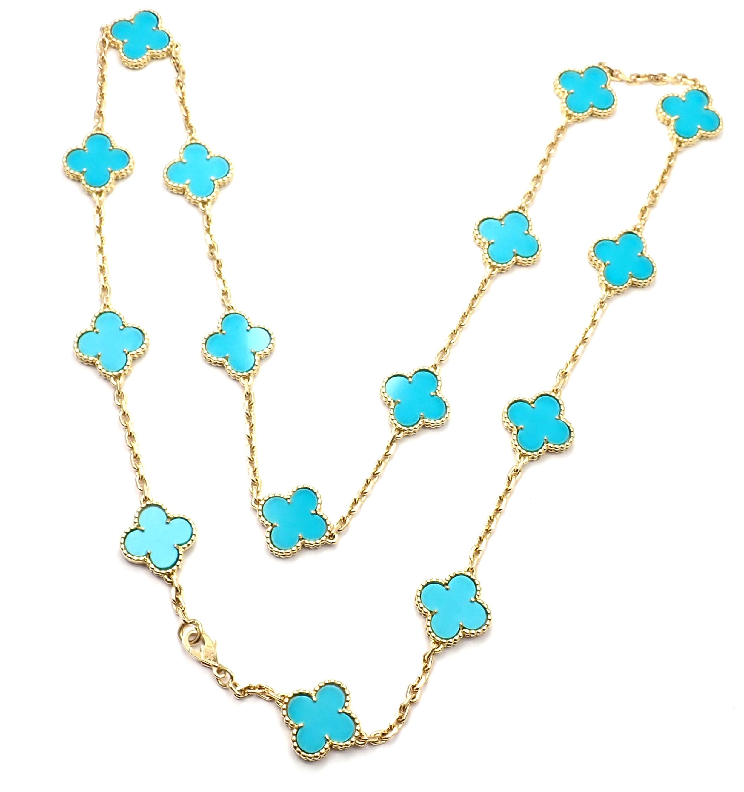 Van Cleef & Arpels Vintage Alhambra Turquoise 15 Motif Yellow Gold Necklace 3