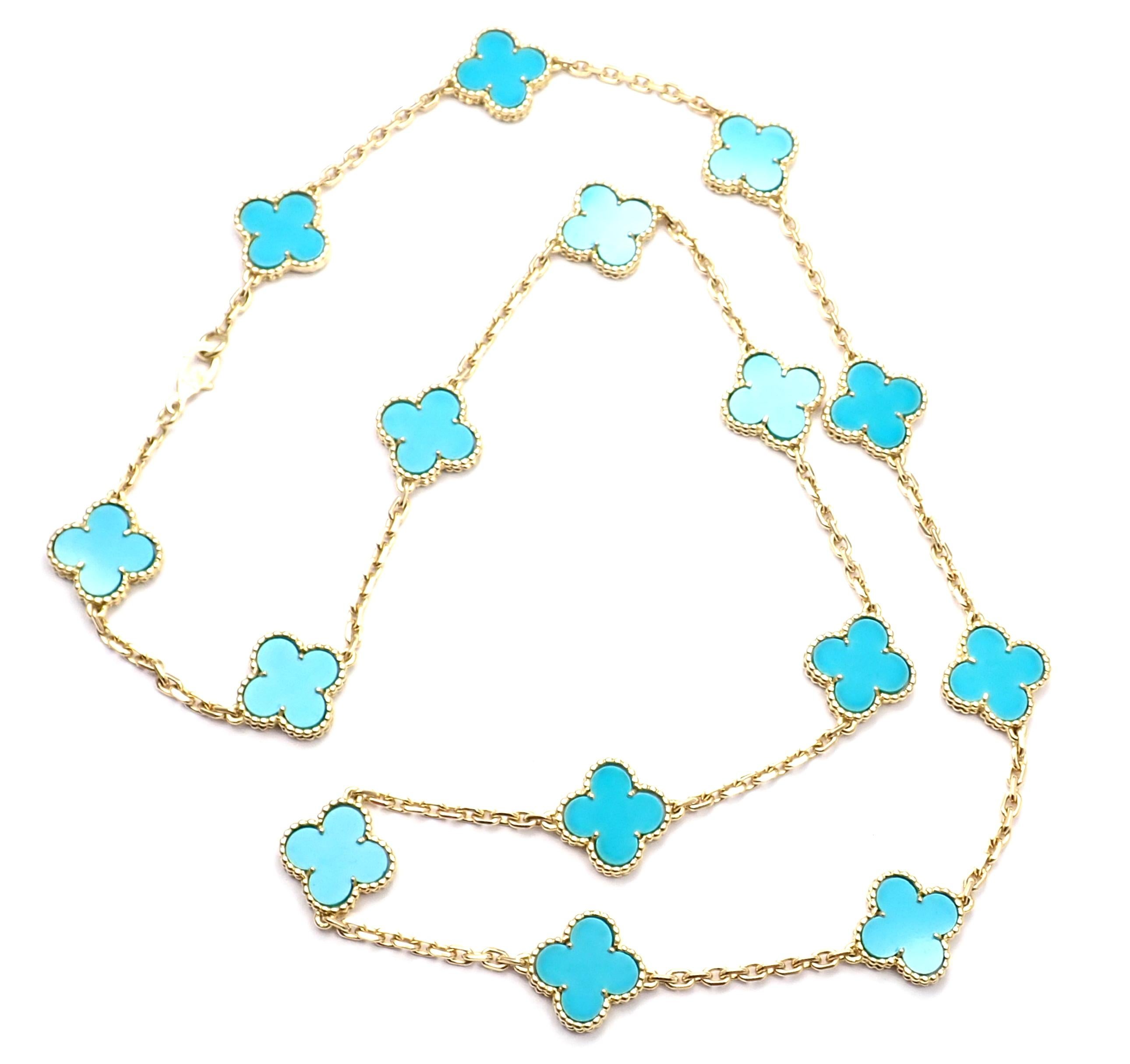 18k Yellow Gold Alhambra 15 Motifs Turquoise Necklace by Van Cleef & Arpels. 
This necklace comes with a Van Cleef & Arpels service paper from VCA store and a box.
With 15 motifs of turquoise alhambra stones 15mm each
Details: 
Length: 24.5