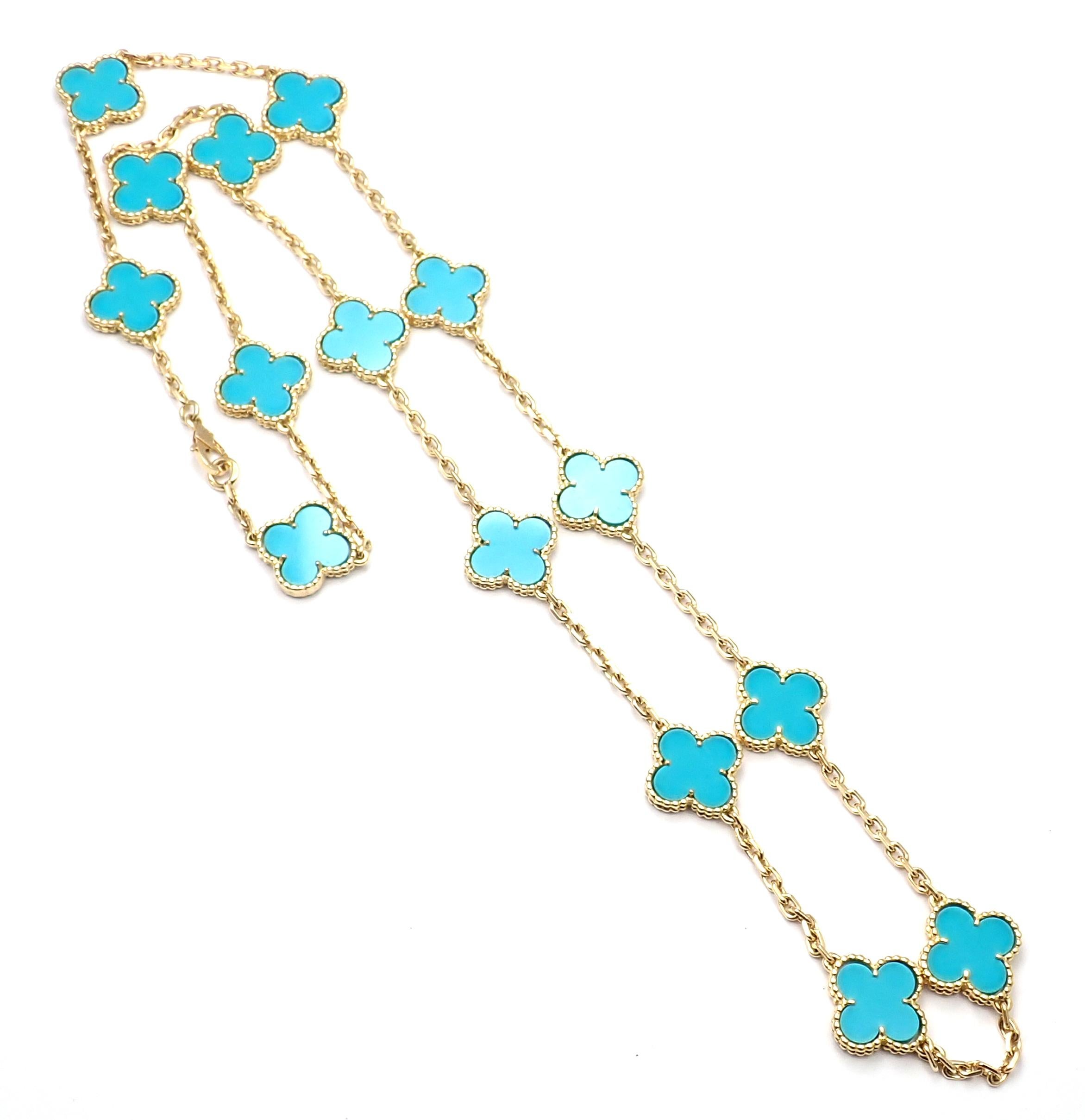 Van Cleef & Arpels Vintage Alhambra Turquoise 15 Motif Yellow Gold Necklace In Excellent Condition In Holland, PA