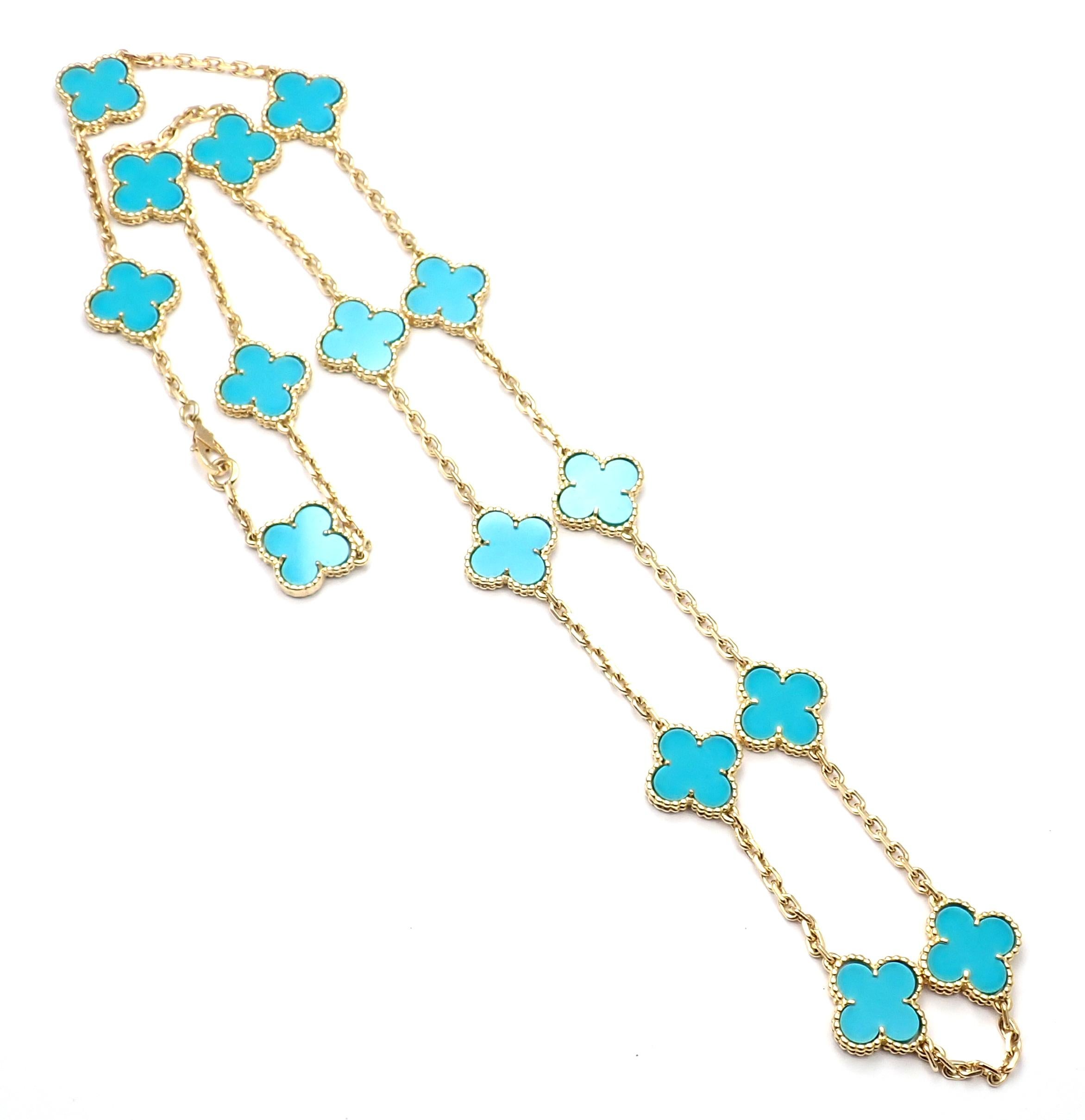 Van Cleef & Arpels Vintage Alhambra Turquoise 15 Motif Yellow Gold Necklace In Excellent Condition In Southampton, PA