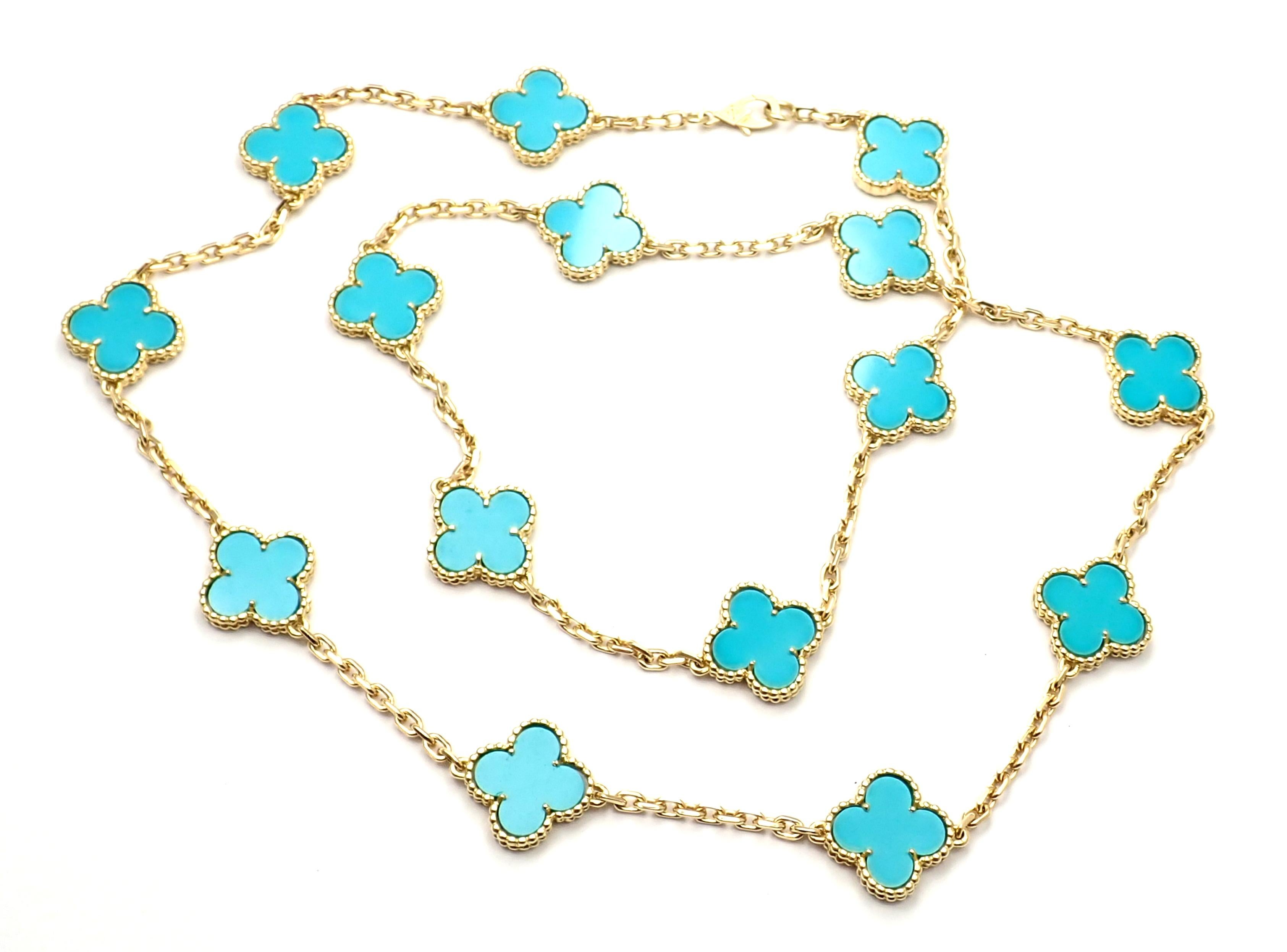 Women's or Men's Van Cleef & Arpels Vintage Alhambra Turquoise 15 Motif Yellow Gold Necklace