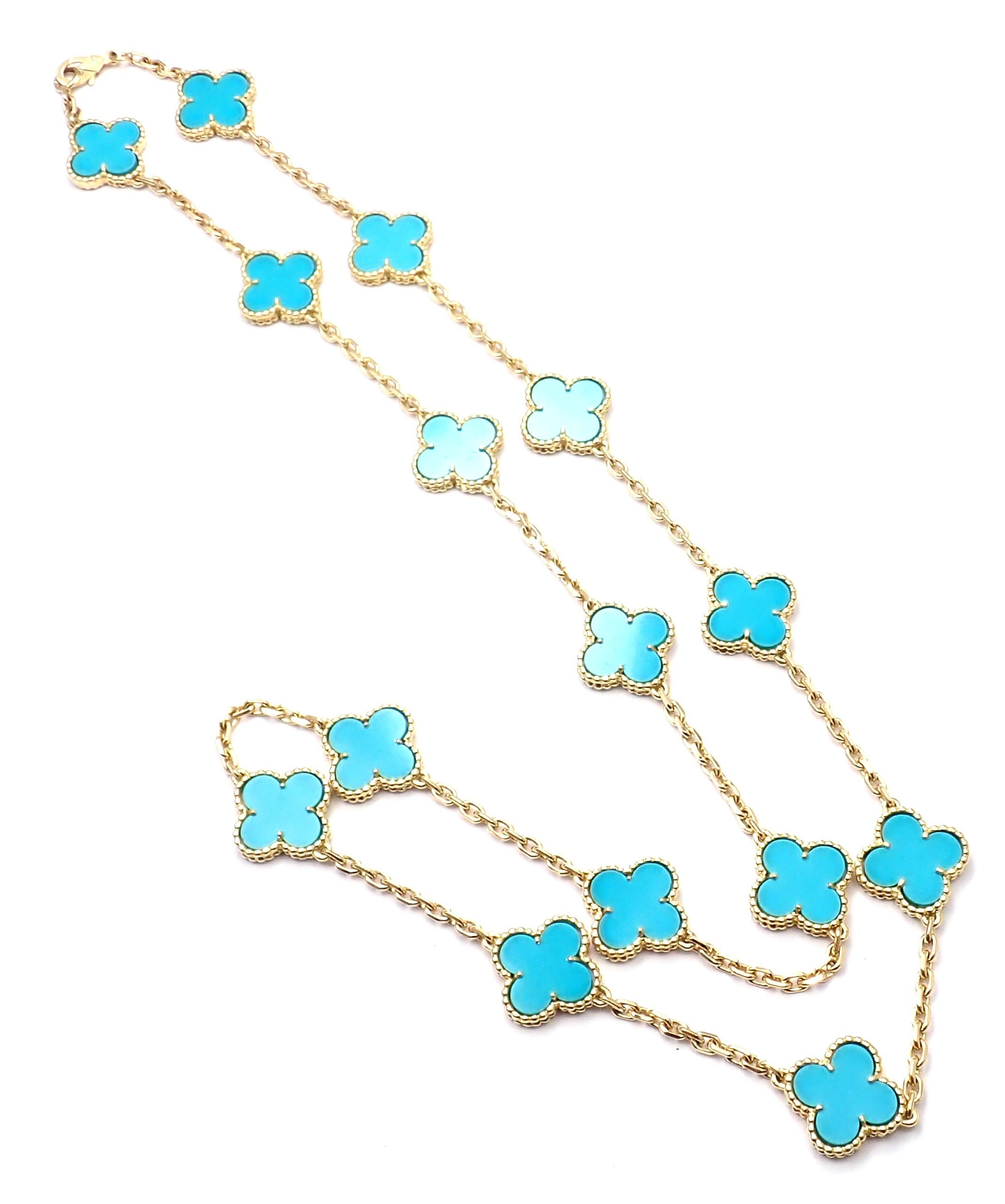 Van Cleef & Arpels Vintage Alhambra Turquoise 15 Motif Yellow Gold Necklace 1