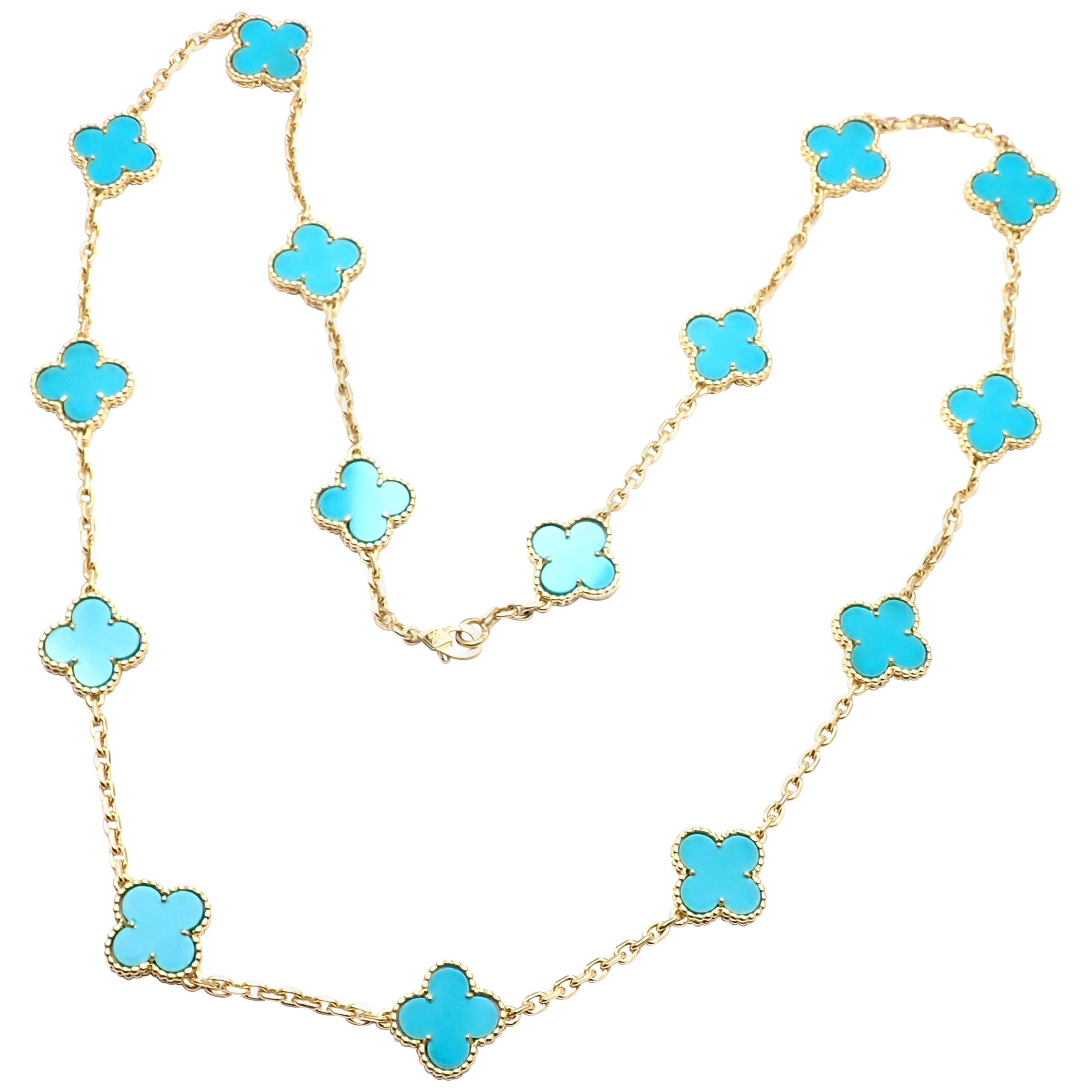 Van Cleef & Arpels Vintage Alhambra Turquoise 15 Motif Yellow Gold Necklace