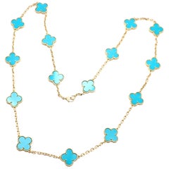 Van Cleef & Arpels Vintage Alhambra Turquoise 15 Motif Yellow Gold Necklace